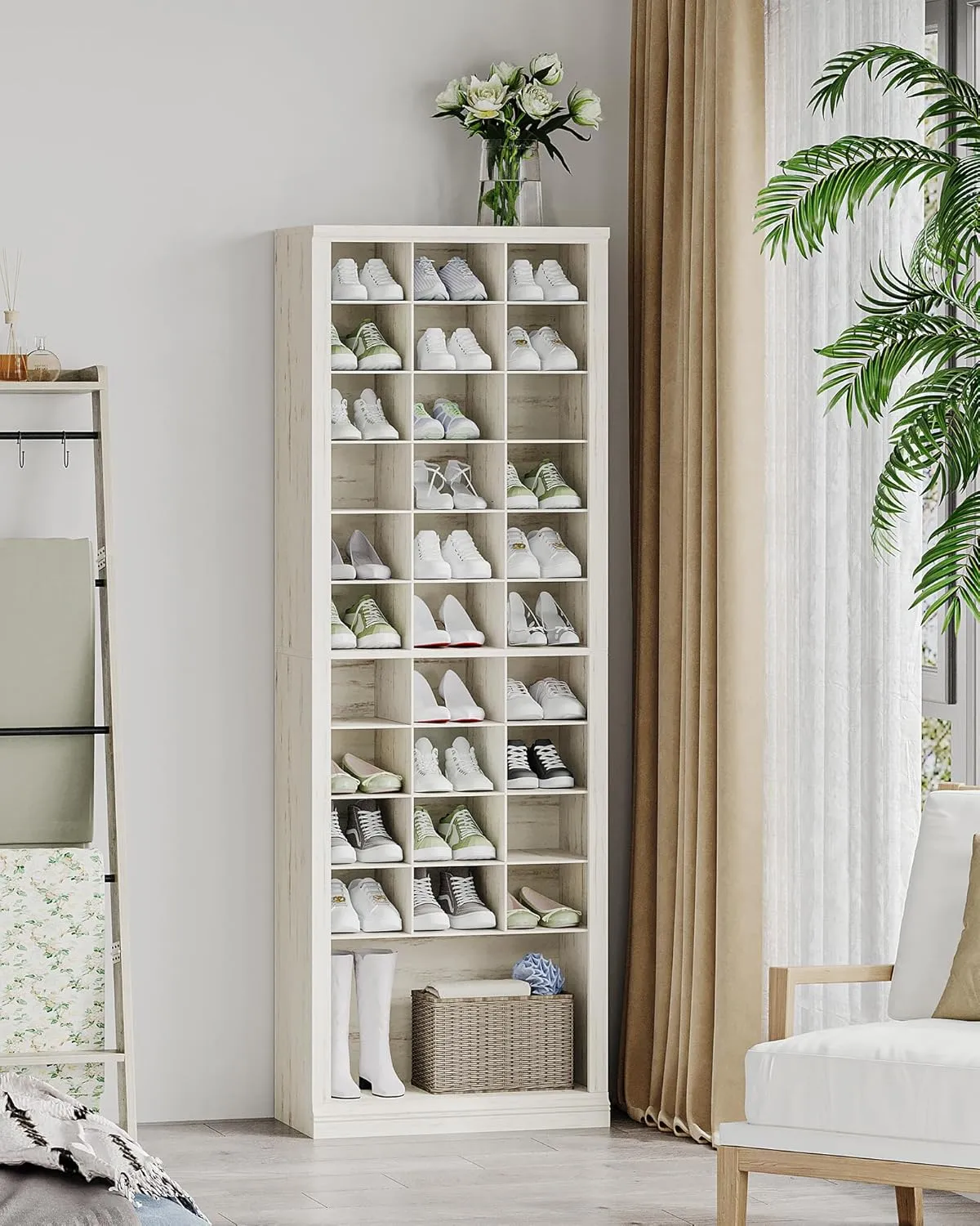 11-Tier Shoe Storage Cabinet, Free Standing Closet Organizers and Storage with 31 Open Cubbie, Space Saving Shoe Rack for Entryway, Bedroom, Rustic White SR02014X