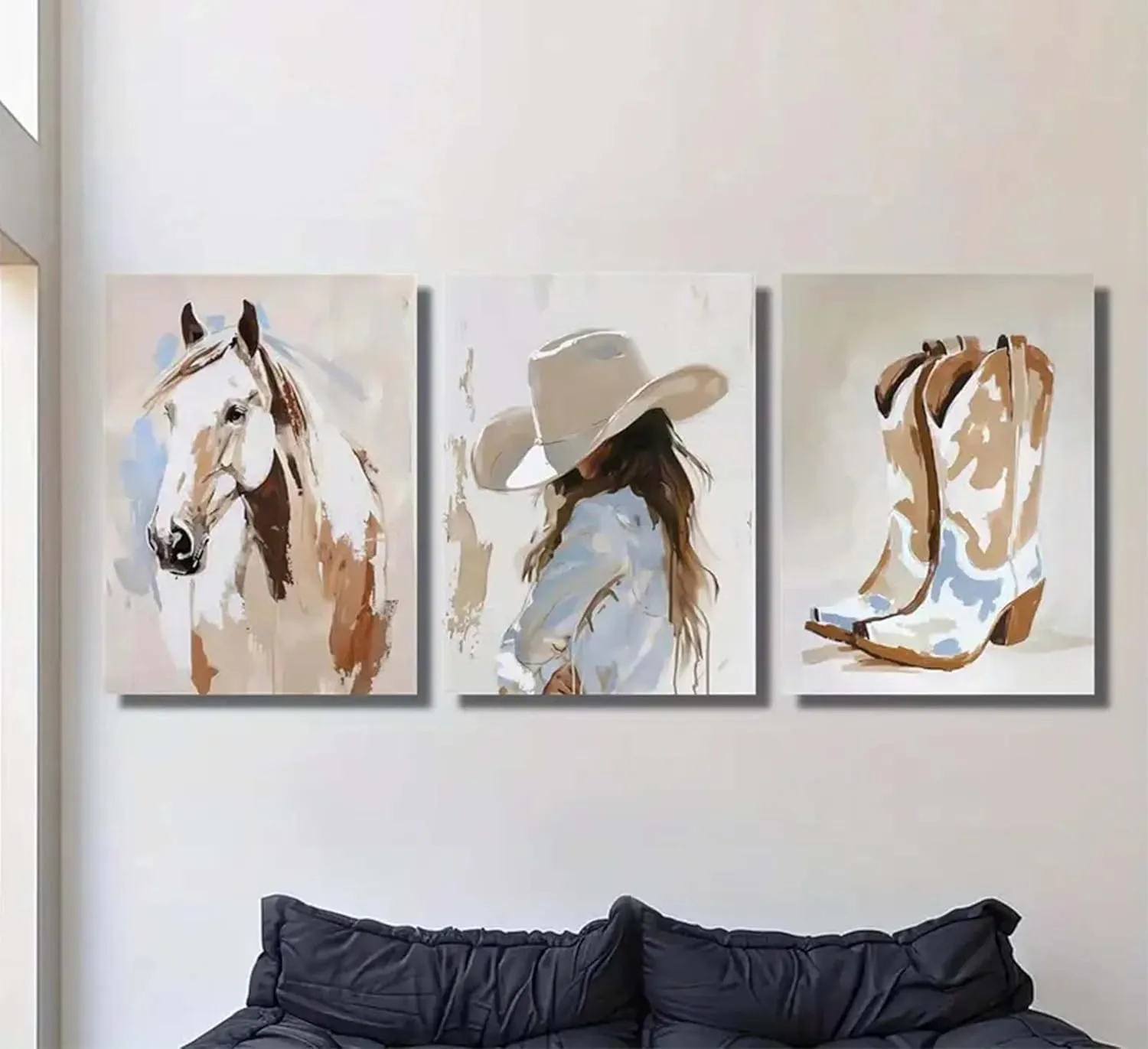 3pcs framed Western Cowgirl Wall Art Cowboy Boots and Horse Paintings Pictures with Hat Cowgirl Canvas Prints Poster Western Oil Paintings Style Decoration for Living Room Bedroom Home Wall Decor