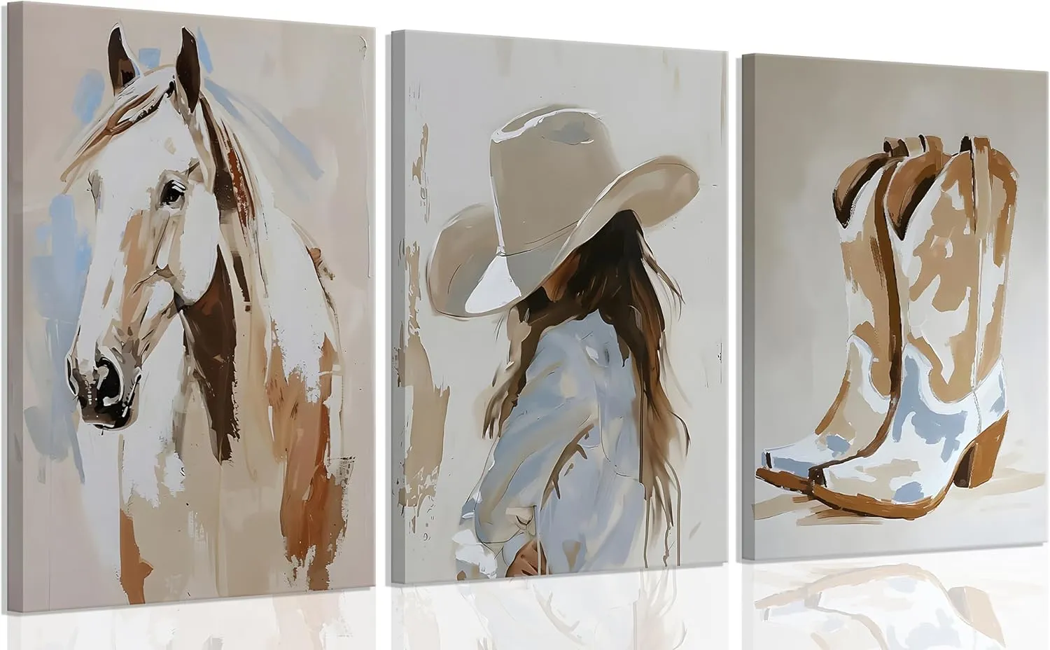 3pcs framed Western Cowgirl Wall Art Cowboy Boots and Horse Paintings Pictures with Hat Cowgirl Canvas Prints Poster Western Oil Paintings Style Decoration for Living Room Bedroom Home Wall Decor