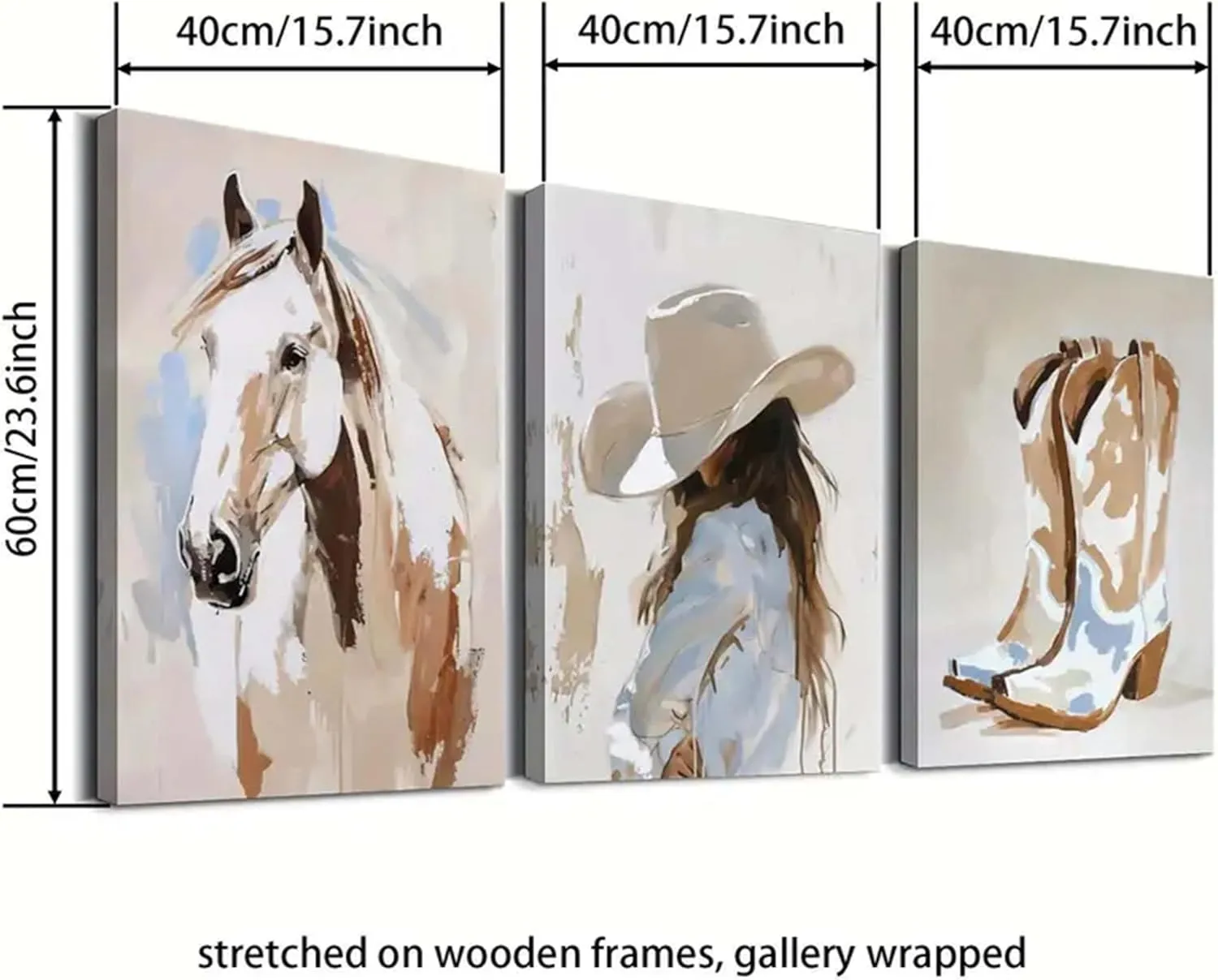 3pcs framed Western Cowgirl Wall Art Cowboy Boots and Horse Paintings Pictures with Hat Cowgirl Canvas Prints Poster Western Oil Paintings Style Decoration for Living Room Bedroom Home Wall Decor