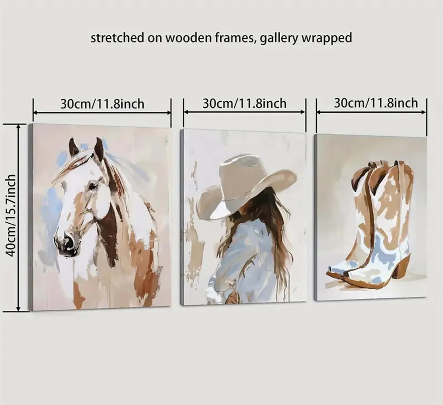 3pcs framed Western Cowgirl Wall Art Cowboy Boots and Horse Paintings Pictures with Hat Cowgirl Canvas Prints Poster Western Oil Paintings Style Decoration for Living Room Bedroom Home Wall Decor