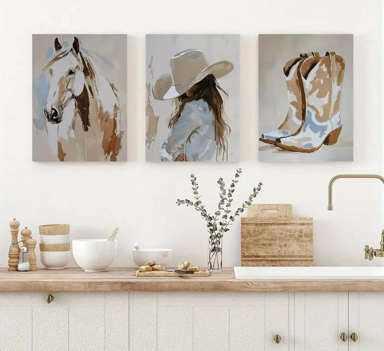 3pcs framed Western Cowgirl Wall Art Cowboy Boots and Horse Paintings Pictures with Hat Cowgirl Canvas Prints Poster Western Oil Paintings Style Decoration for Living Room Bedroom Home Wall Decor