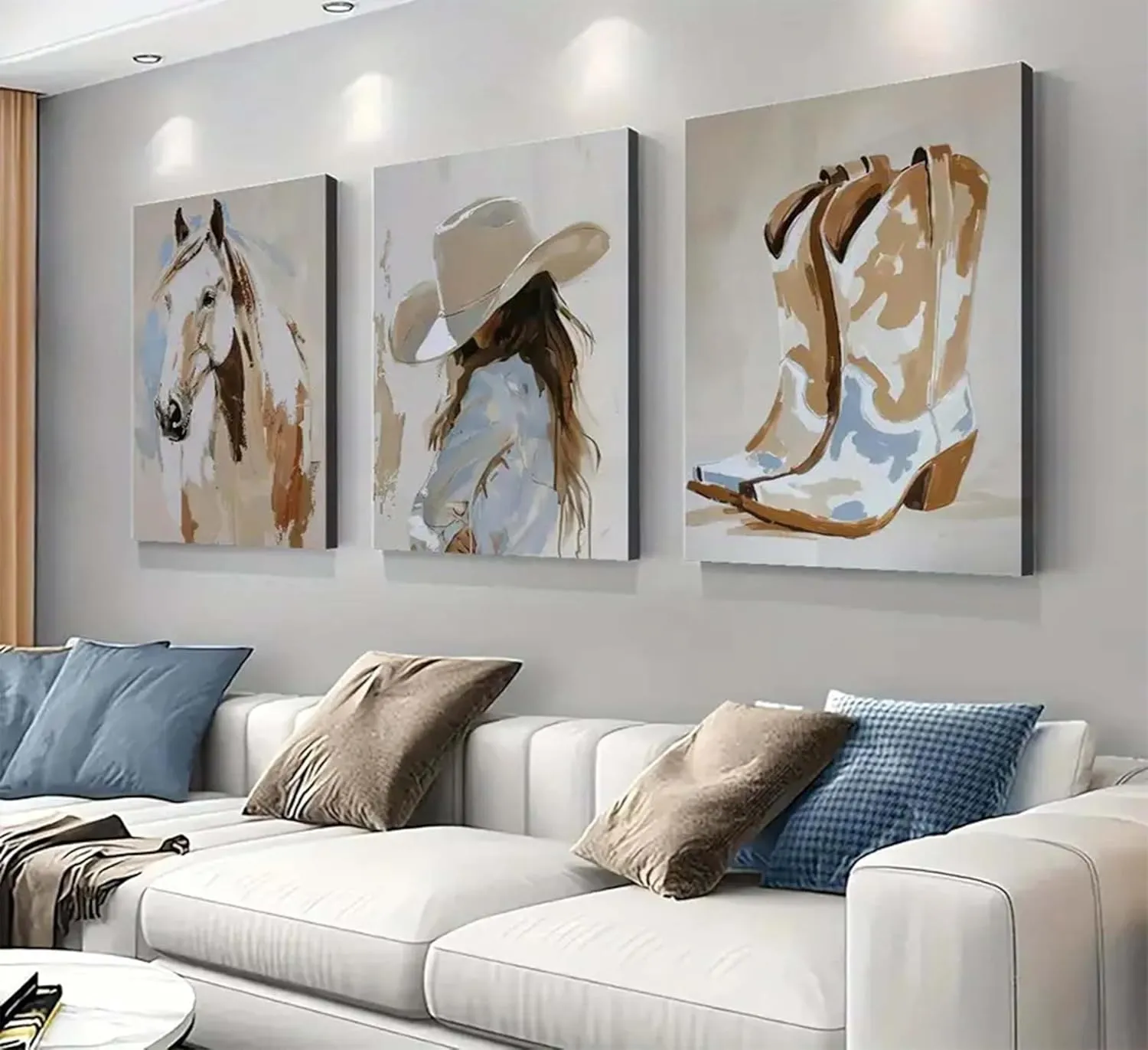3pcs framed Western Cowgirl Wall Art Cowboy Boots and Horse Paintings Pictures with Hat Cowgirl Canvas Prints Poster Western Oil Paintings Style Decoration for Living Room Bedroom Home Wall Decor