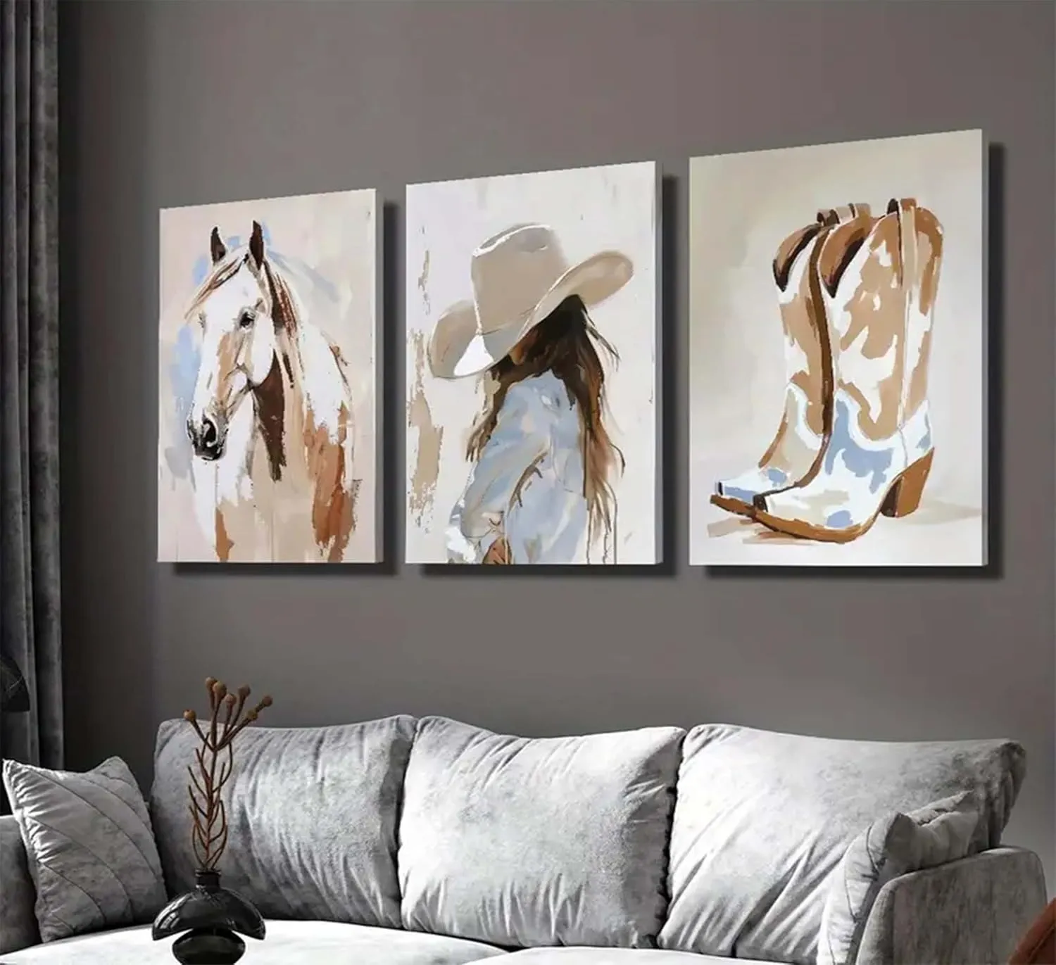 3pcs framed Western Cowgirl Wall Art Cowboy Boots and Horse Paintings Pictures with Hat Cowgirl Canvas Prints Poster Western Oil Paintings Style Decoration for Living Room Bedroom Home Wall Decor