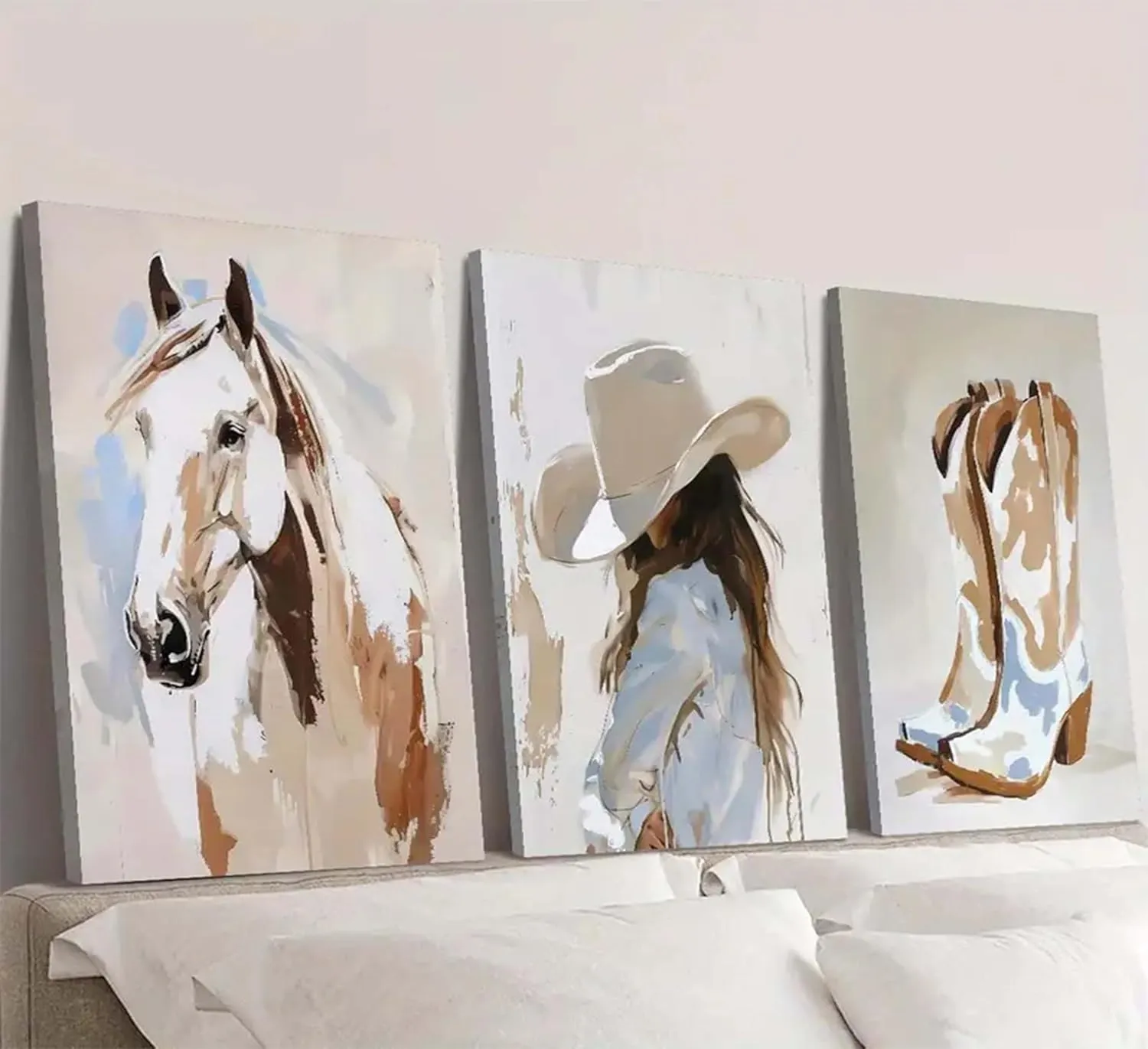 3pcs framed Western Cowgirl Wall Art Cowboy Boots and Horse Paintings Pictures with Hat Cowgirl Canvas Prints Poster Western Oil Paintings Style Decoration for Living Room Bedroom Home Wall Decor
