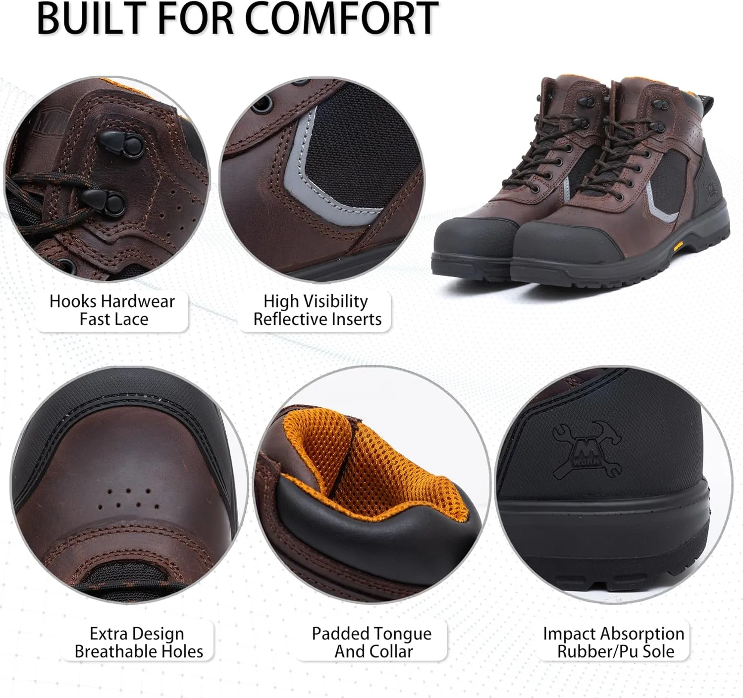 6" Work Boots For Men Leather ASTM F2413-18 Composite Safety Toe EH Rated Arch Support Anti Fatigue