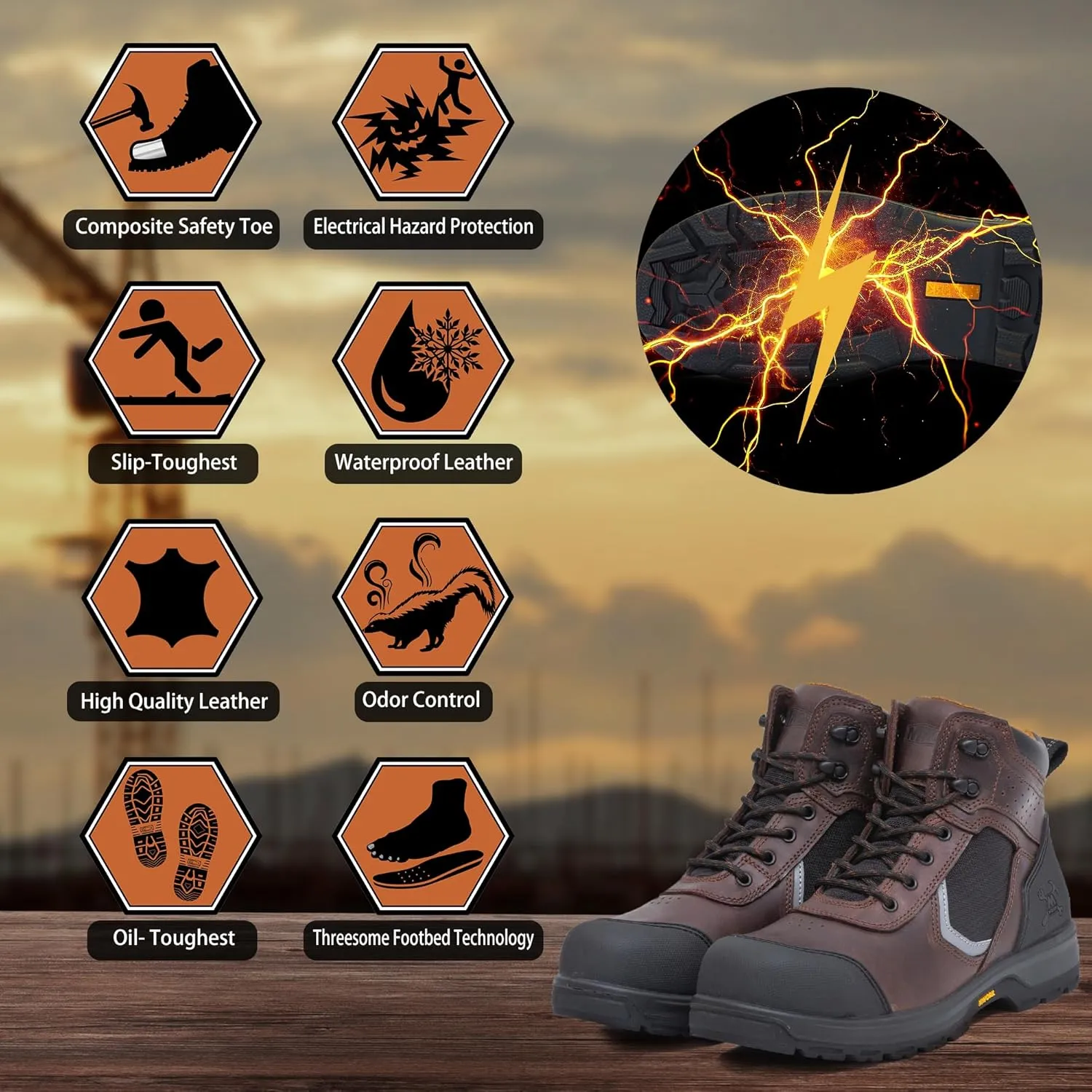 6" Work Boots For Men Leather ASTM F2413-18 Composite Safety Toe EH Rated Arch Support Anti Fatigue