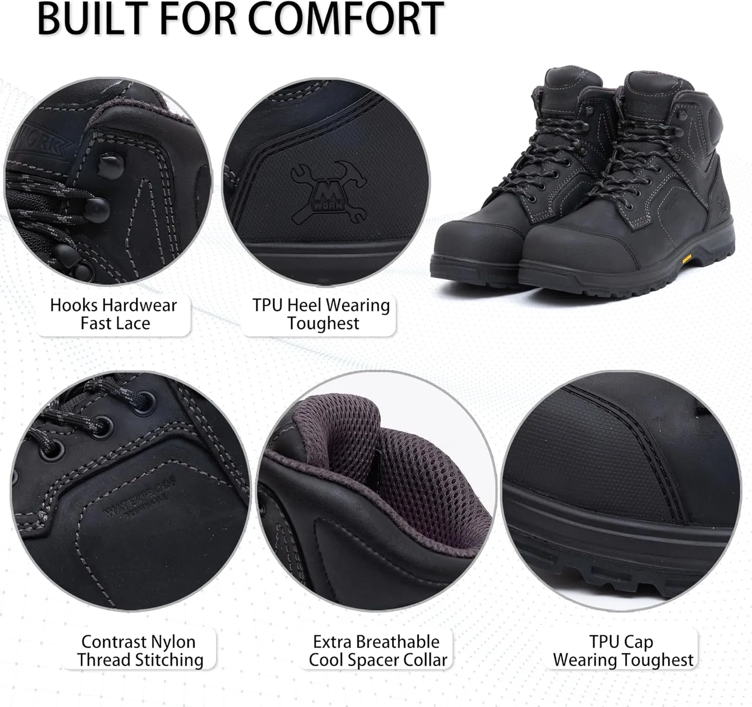 6" Work Boots For Men Waterproof Leather ASTM F2413-18 Composite Safety Toe EH Rated Arch Support Anti Fatigue