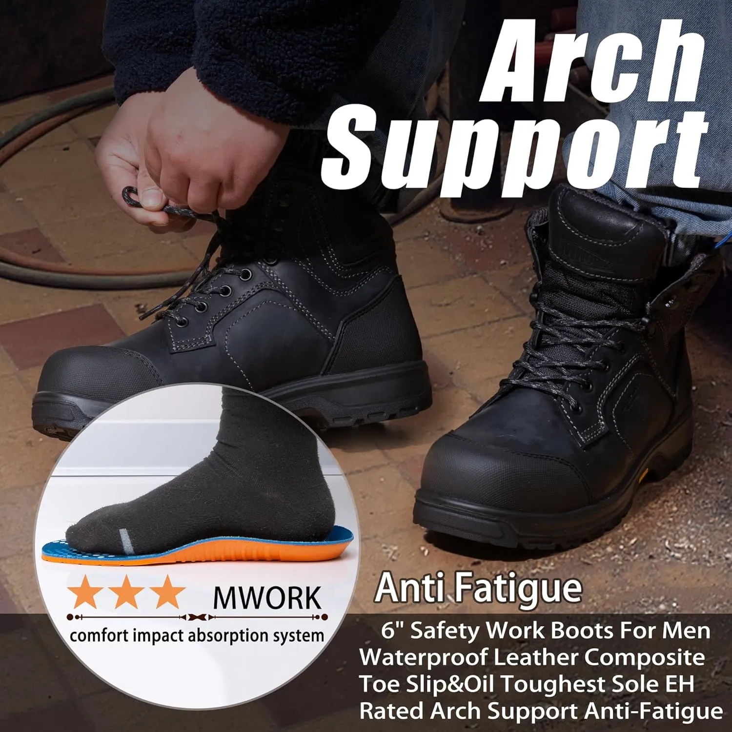 6" Work Boots For Men Waterproof Leather ASTM F2413-18 Composite Safety Toe EH Rated Arch Support Anti Fatigue