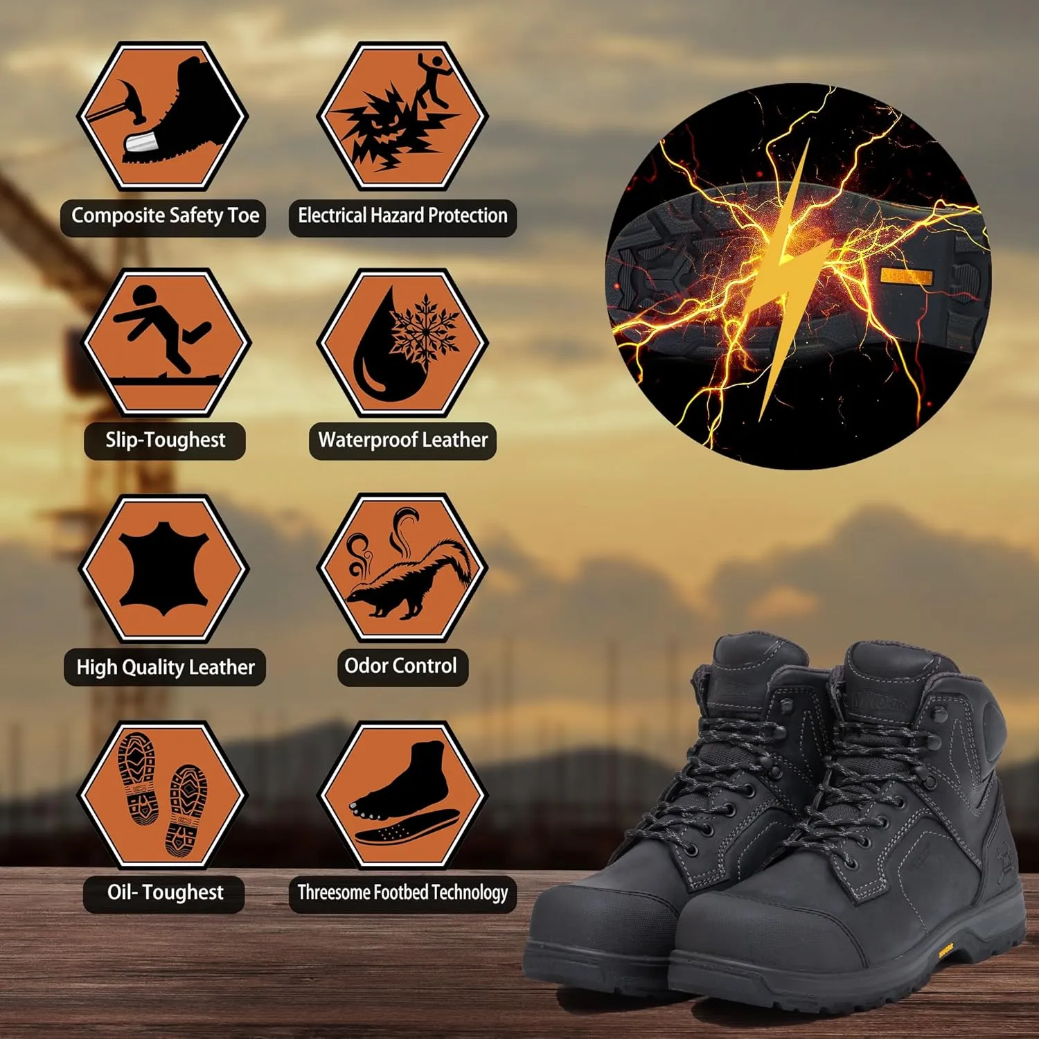 6" Work Boots For Men Waterproof Leather ASTM F2413-18 Composite Safety Toe EH Rated Arch Support Anti Fatigue