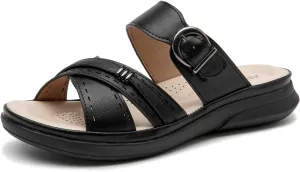 ALLOT Women's Slide Sandals Slip On Open Toe Dressy Summer Flat Sandals Arch Support Adjustable Straps Comfortable Beach Walking Shoes