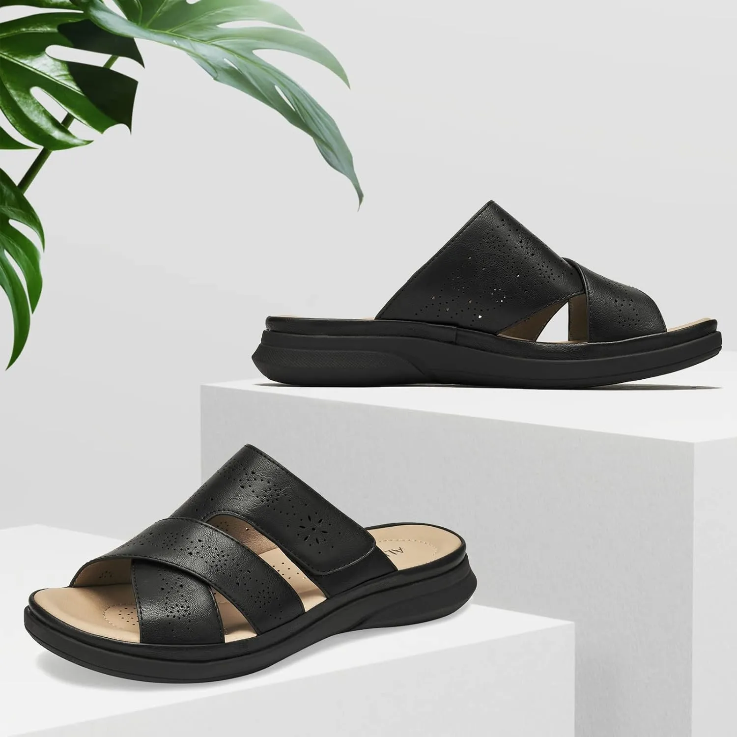 ALLOT Women's Slide Sandals Slip On Open Toe Dressy Summer Flat Sandals Arch Support Adjustable Straps Comfortable Beach Walking Shoes