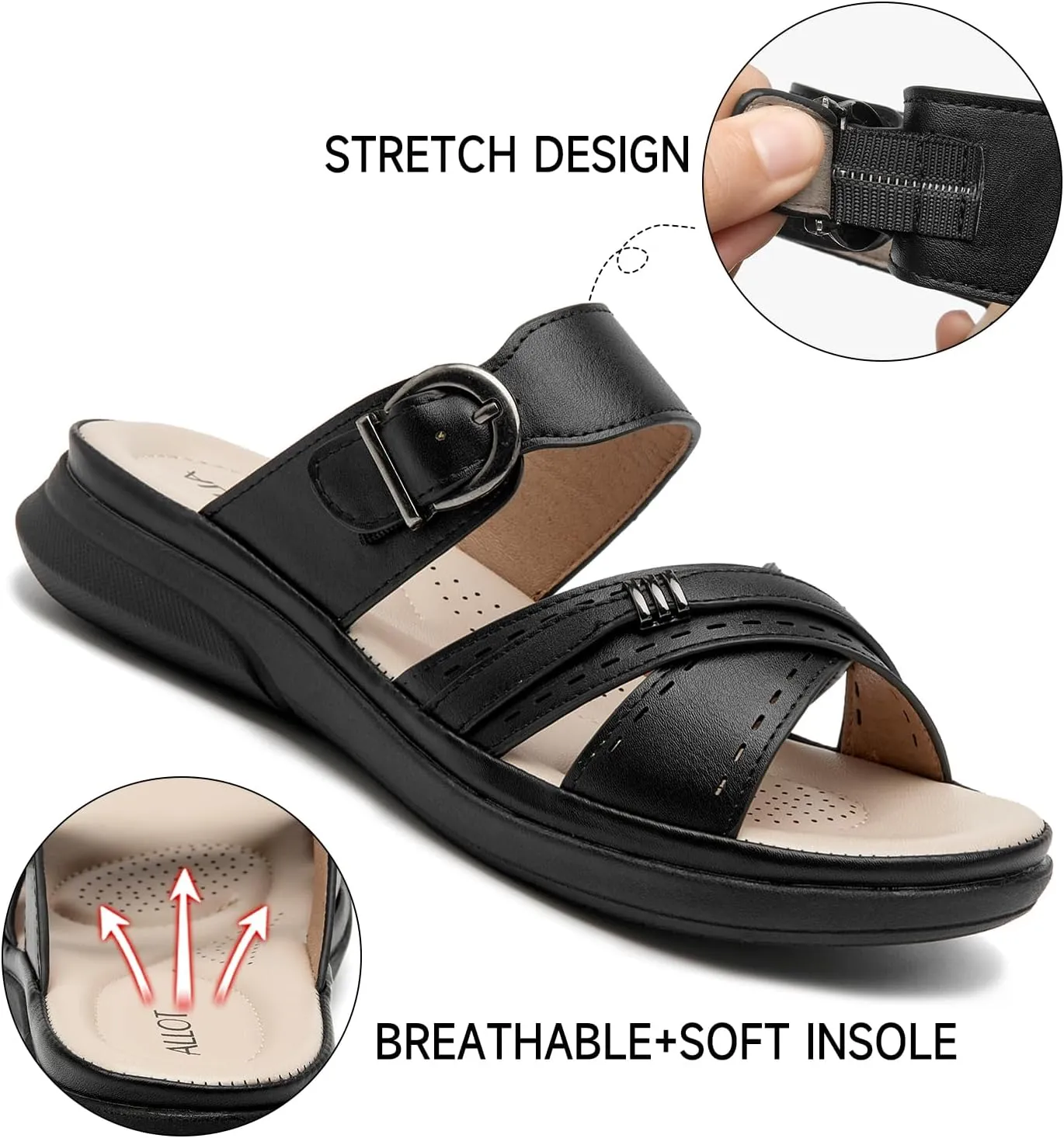 ALLOT Women's Slide Sandals Slip On Open Toe Dressy Summer Flat Sandals Arch Support Adjustable Straps Comfortable Beach Walking Shoes