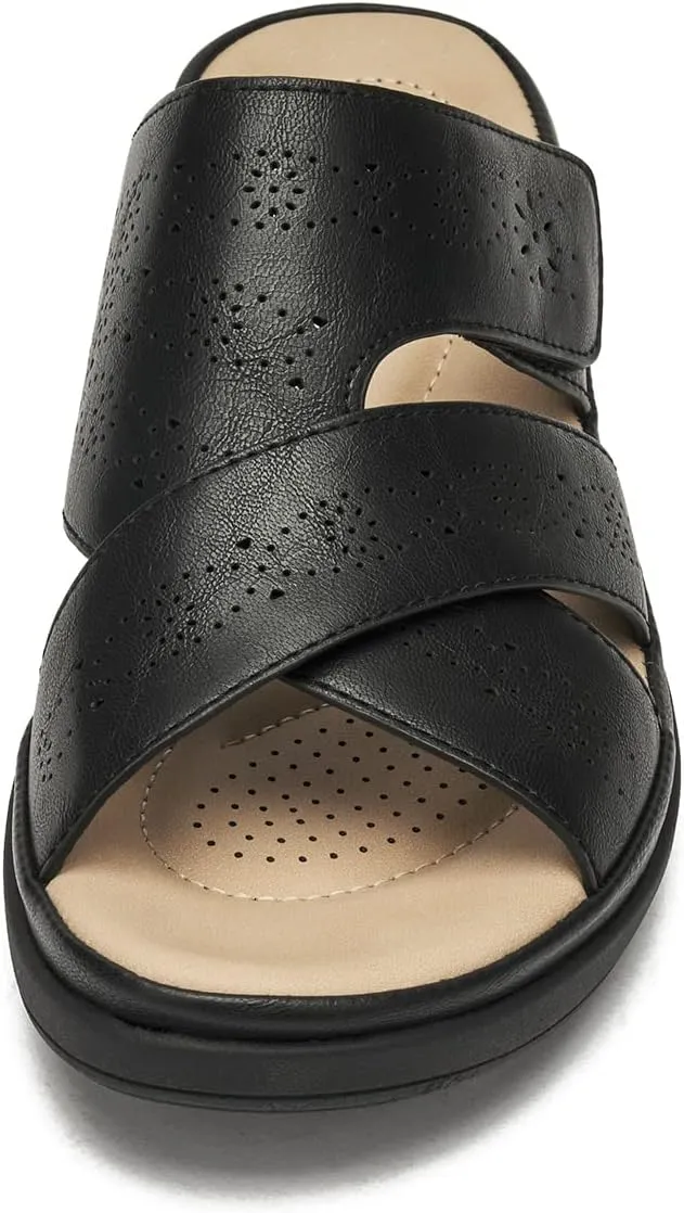 ALLOT Women's Slide Sandals Slip On Open Toe Dressy Summer Flat Sandals Arch Support Adjustable Straps Comfortable Beach Walking Shoes