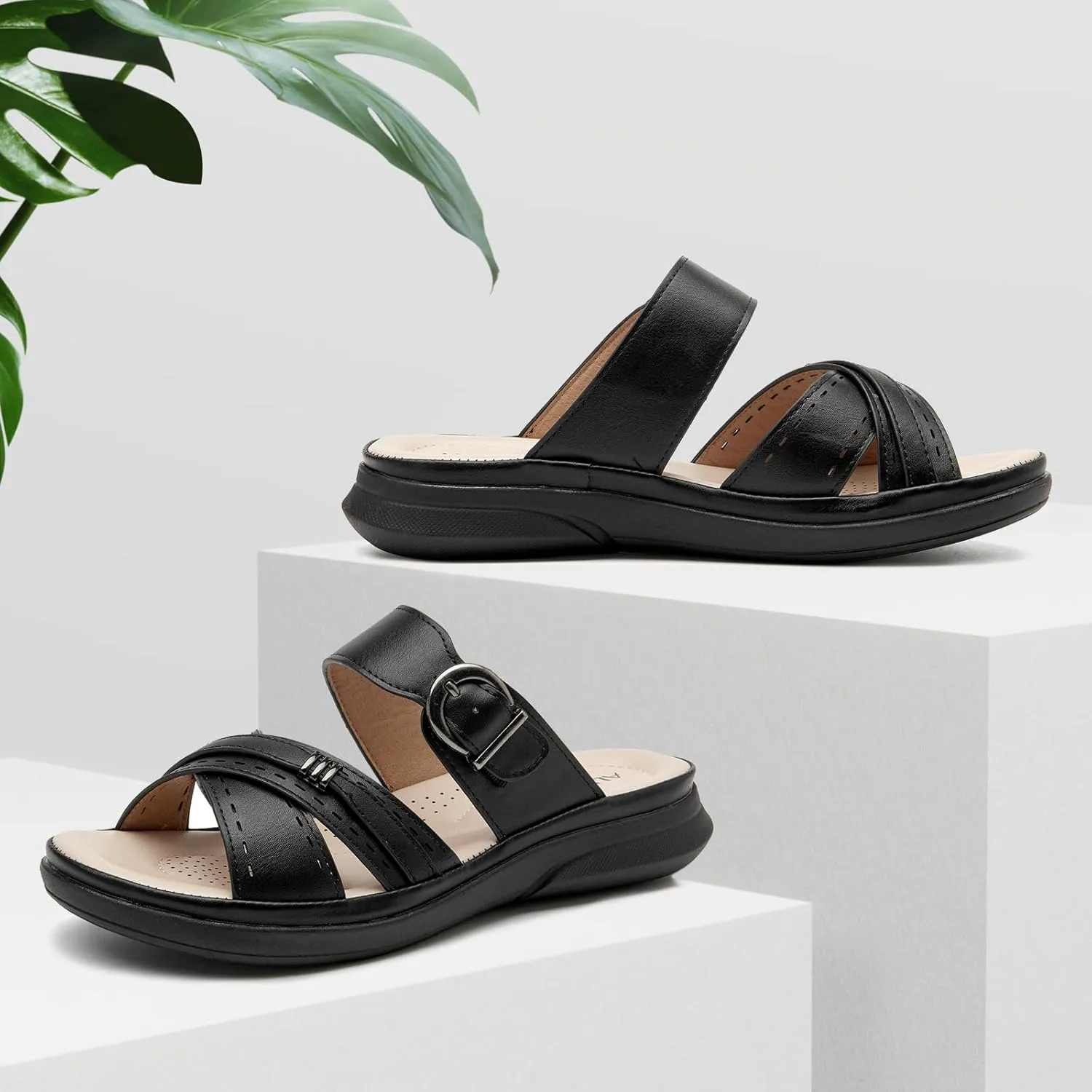 ALLOT Women's Slide Sandals Slip On Open Toe Dressy Summer Flat Sandals Arch Support Adjustable Straps Comfortable Beach Walking Shoes