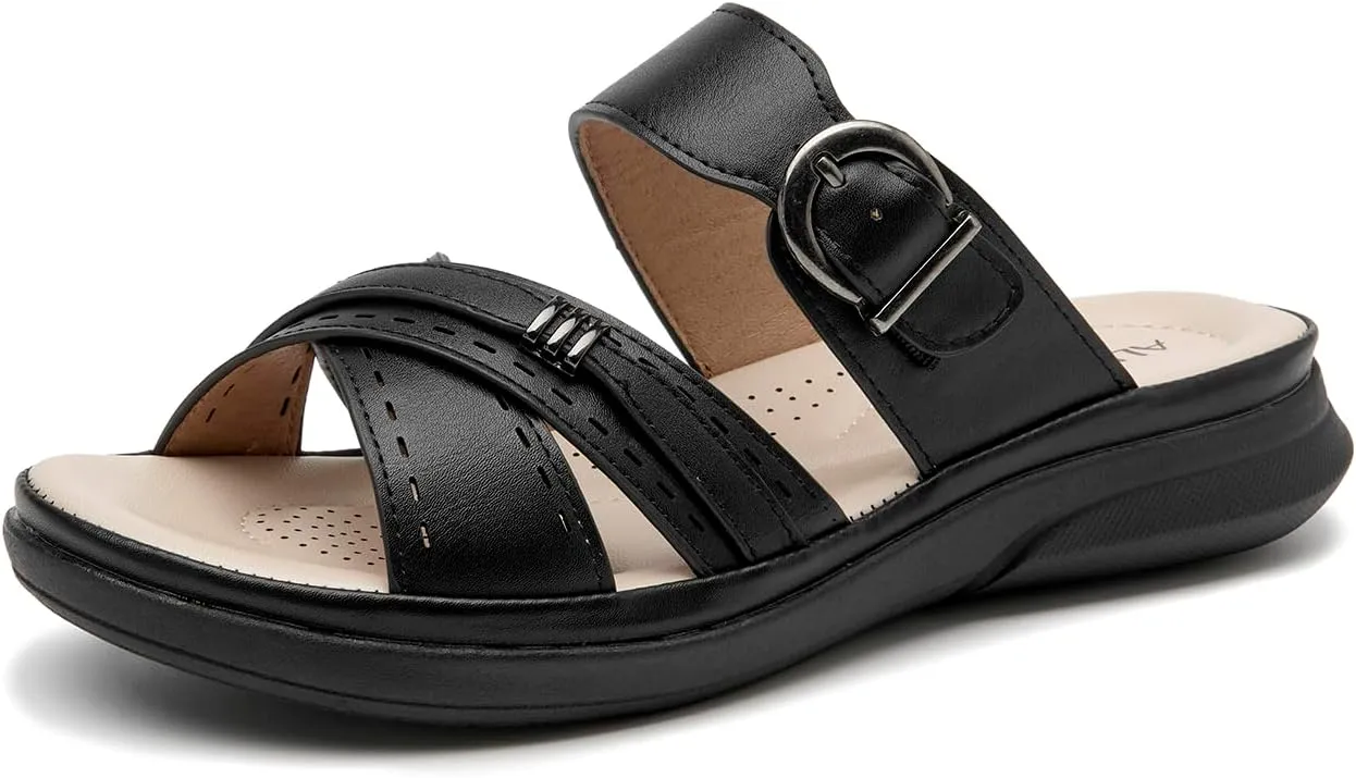 ALLOT Women's Slide Sandals Slip On Open Toe Dressy Summer Flat Sandals Arch Support Adjustable Straps Comfortable Beach Walking Shoes