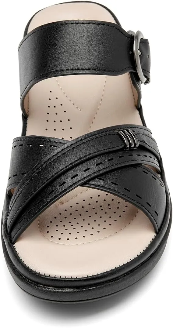 ALLOT Women's Slide Sandals Slip On Open Toe Dressy Summer Flat Sandals Arch Support Adjustable Straps Comfortable Beach Walking Shoes