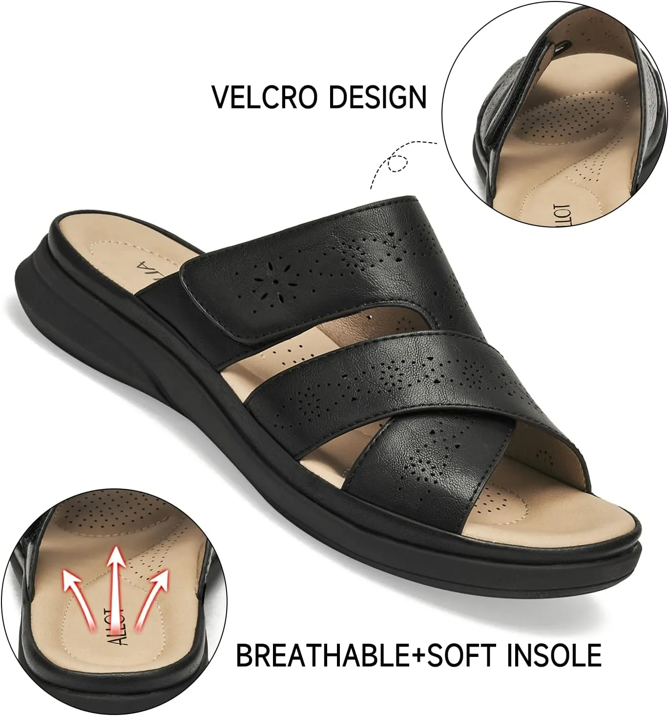 ALLOT Women's Slide Sandals Slip On Open Toe Dressy Summer Flat Sandals Arch Support Adjustable Straps Comfortable Beach Walking Shoes
