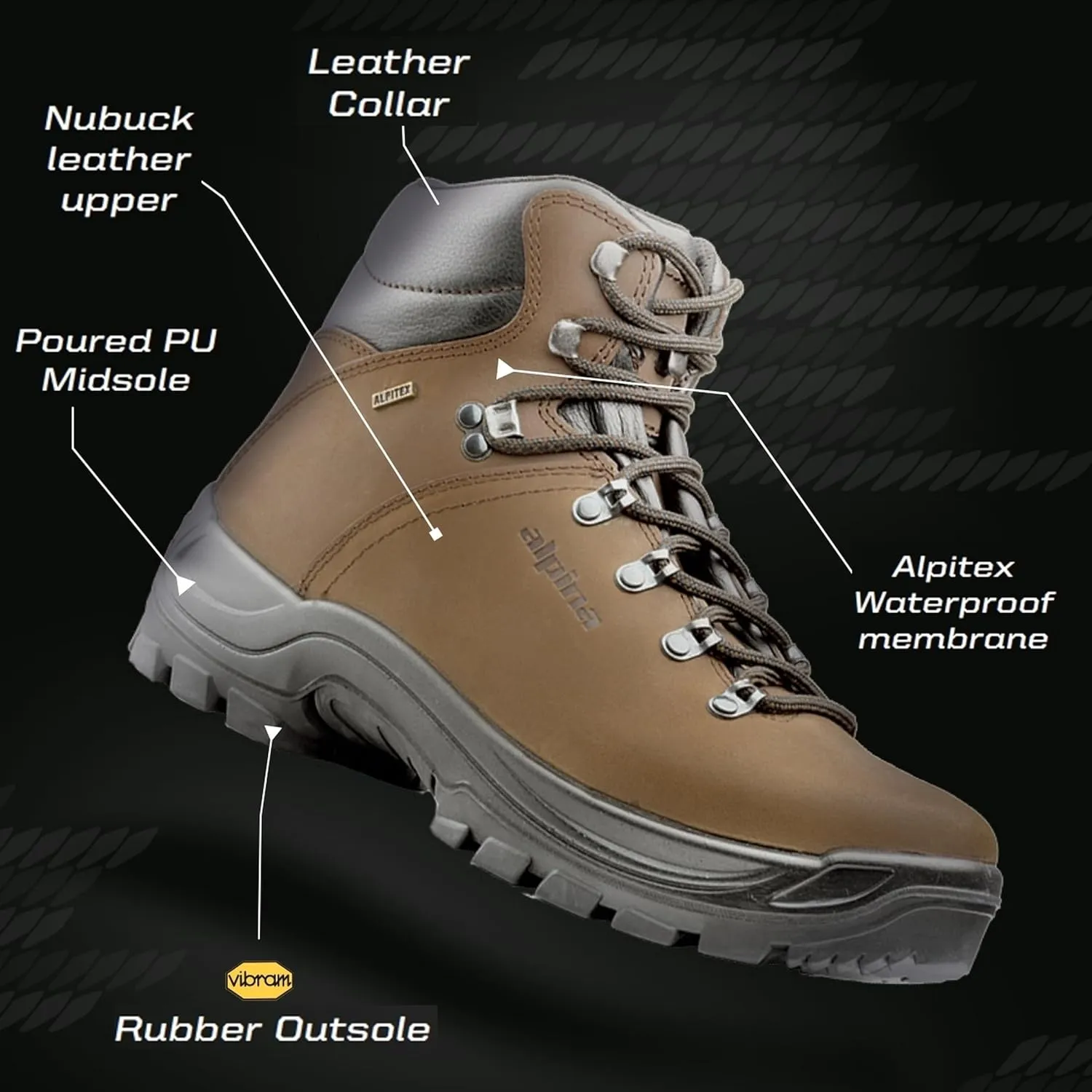 Alpina TUNDRA Premium Men's Lightweight Boots - Waterproof Leather Ankle High Shoes with Breathable Membrane and Slip Resistant Hand Made in Europe