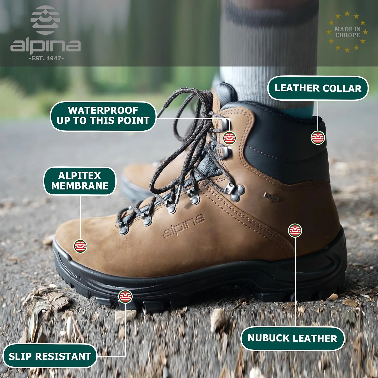 Alpina TUNDRA Premium Men's Lightweight Boots - Waterproof Leather Ankle High Shoes with Breathable Membrane and Slip Resistant Hand Made in Europe