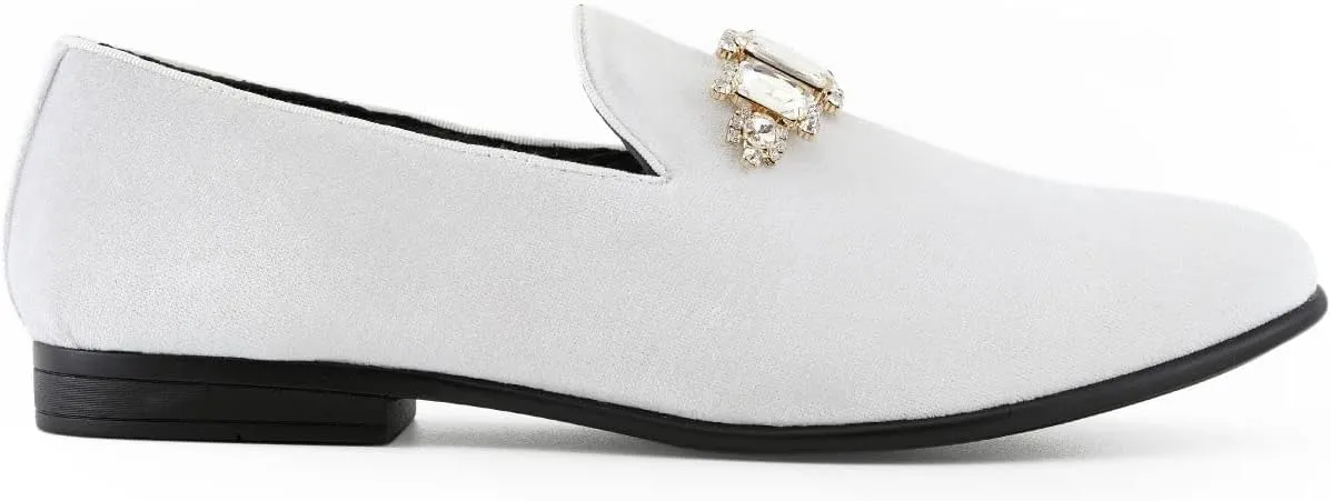 Amali Tiago- The Original Men's Faux Velvet Slip On Loafer with Jeweled Bit and Matching Piping - Mens Smoking Slip On Shoes - Formal Tuxedo Dress Shoe Loafers for Men