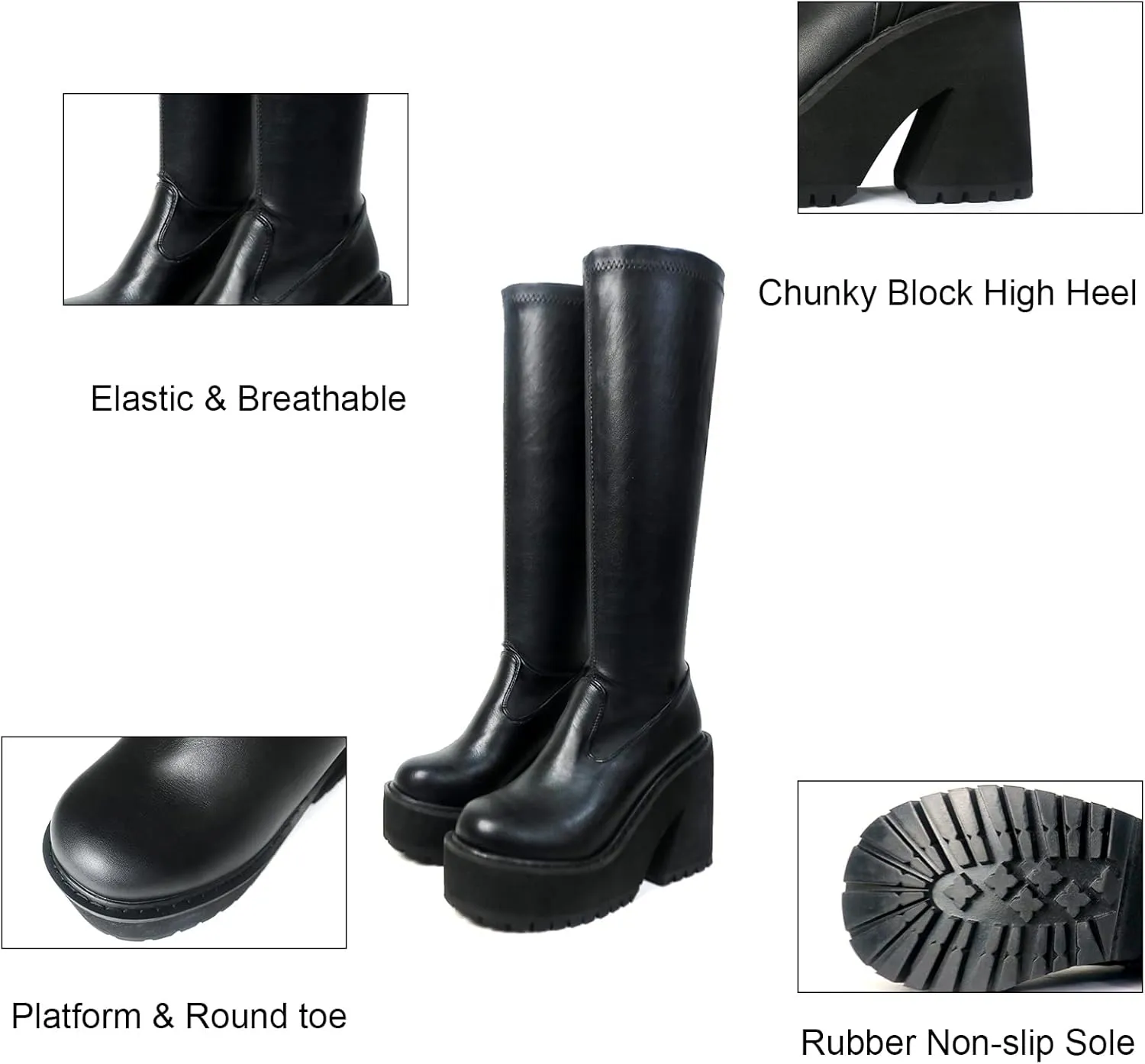 AMINUGAL Womens Elastic Knee High Platform Chunky Block High Heel Sock Boots Zipper Round Toe Fashion Motorcycle Combat Punk Boots For Women