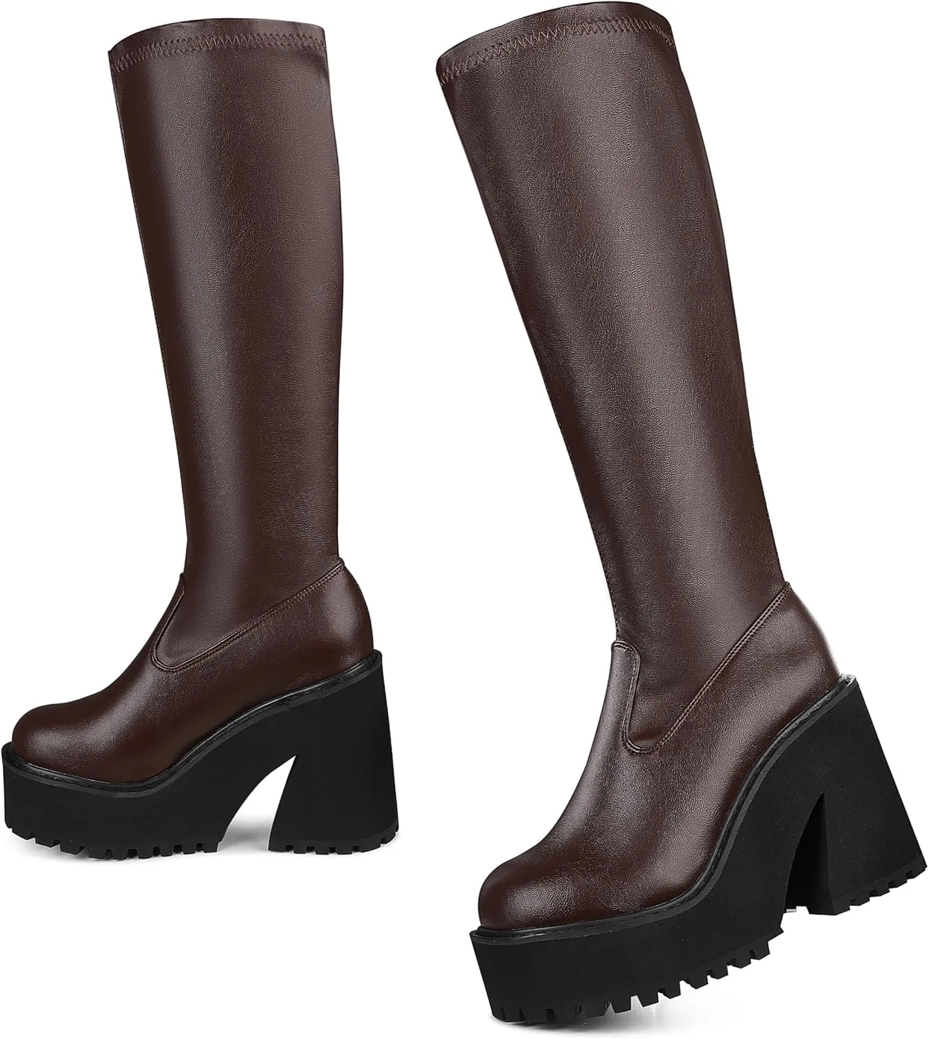 AMINUGAL Womens Elastic Knee High Platform Chunky Block High Heel Sock Boots Zipper Round Toe Fashion Motorcycle Combat Punk Boots For Women