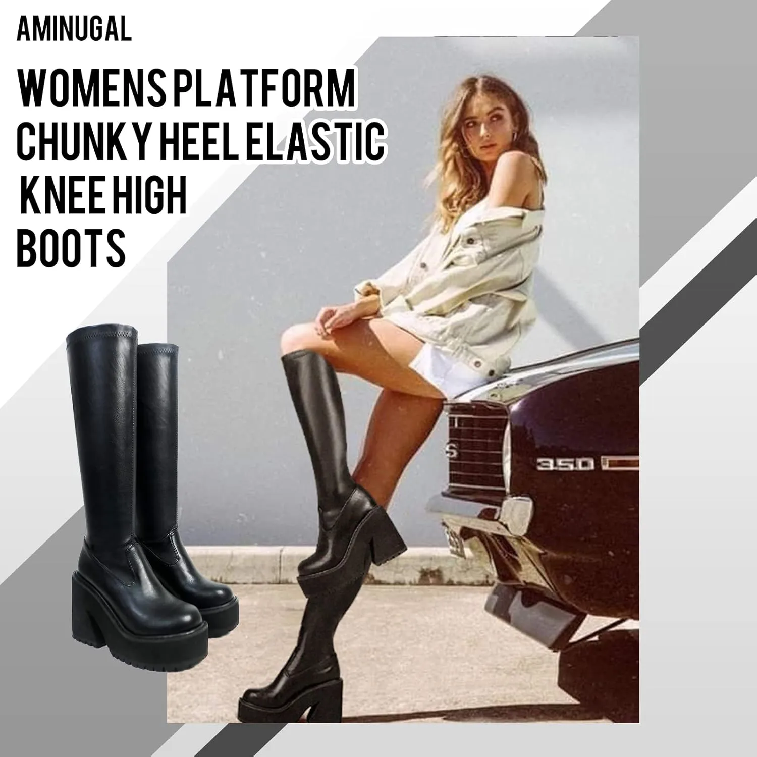 AMINUGAL Womens Elastic Knee High Platform Chunky Block High Heel Sock Boots Zipper Round Toe Fashion Motorcycle Combat Punk Boots For Women