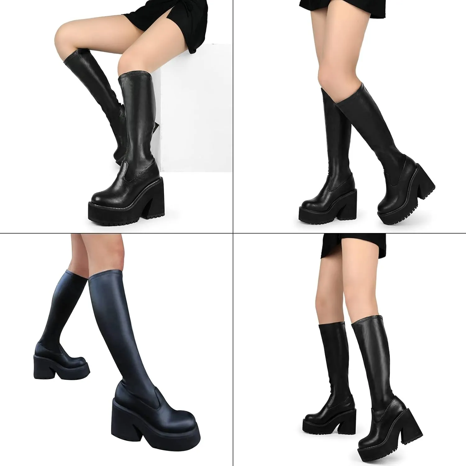 AMINUGAL Womens Elastic Knee High Platform Chunky Block High Heel Sock Boots Zipper Round Toe Fashion Motorcycle Combat Punk Boots For Women