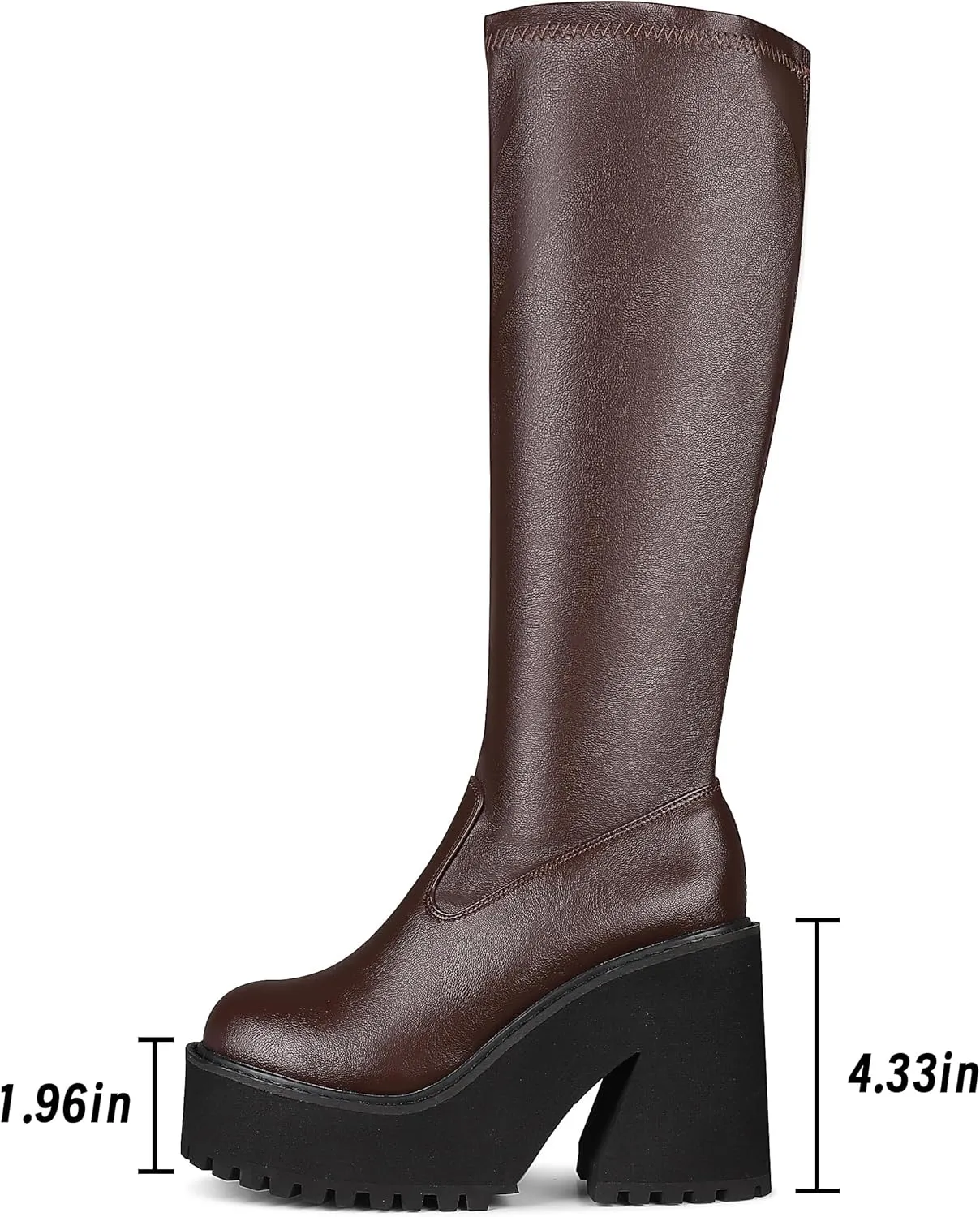 AMINUGAL Womens Elastic Knee High Platform Chunky Block High Heel Sock Boots Zipper Round Toe Fashion Motorcycle Combat Punk Boots For Women