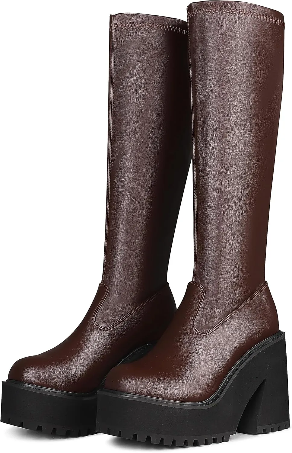 AMINUGAL Womens Elastic Knee High Platform Chunky Block High Heel Sock Boots Zipper Round Toe Fashion Motorcycle Combat Punk Boots For Women