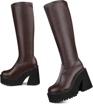 AMINUGAL Womens Elastic Knee High Platform Chunky Block High Heel Sock Boots Zipper Round Toe Fashion Motorcycle Combat Punk Boots For Women
