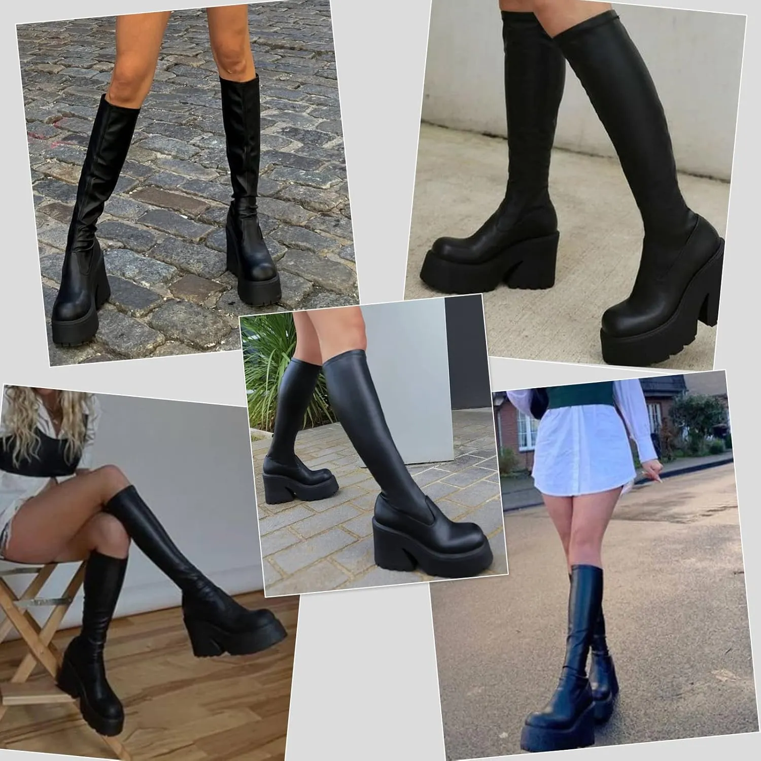 AMINUGAL Womens Elastic Knee High Platform Chunky Block High Heel Sock Boots Zipper Round Toe Fashion Motorcycle Combat Punk Boots For Women