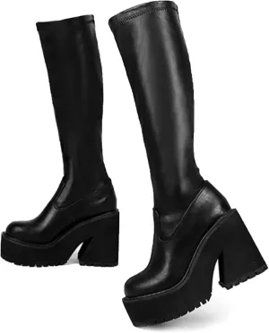 AMINUGAL Womens Elastic Knee High Platform Chunky Block High Heel Sock Boots Zipper Round Toe Fashion Motorcycle Combat Punk Boots For Women