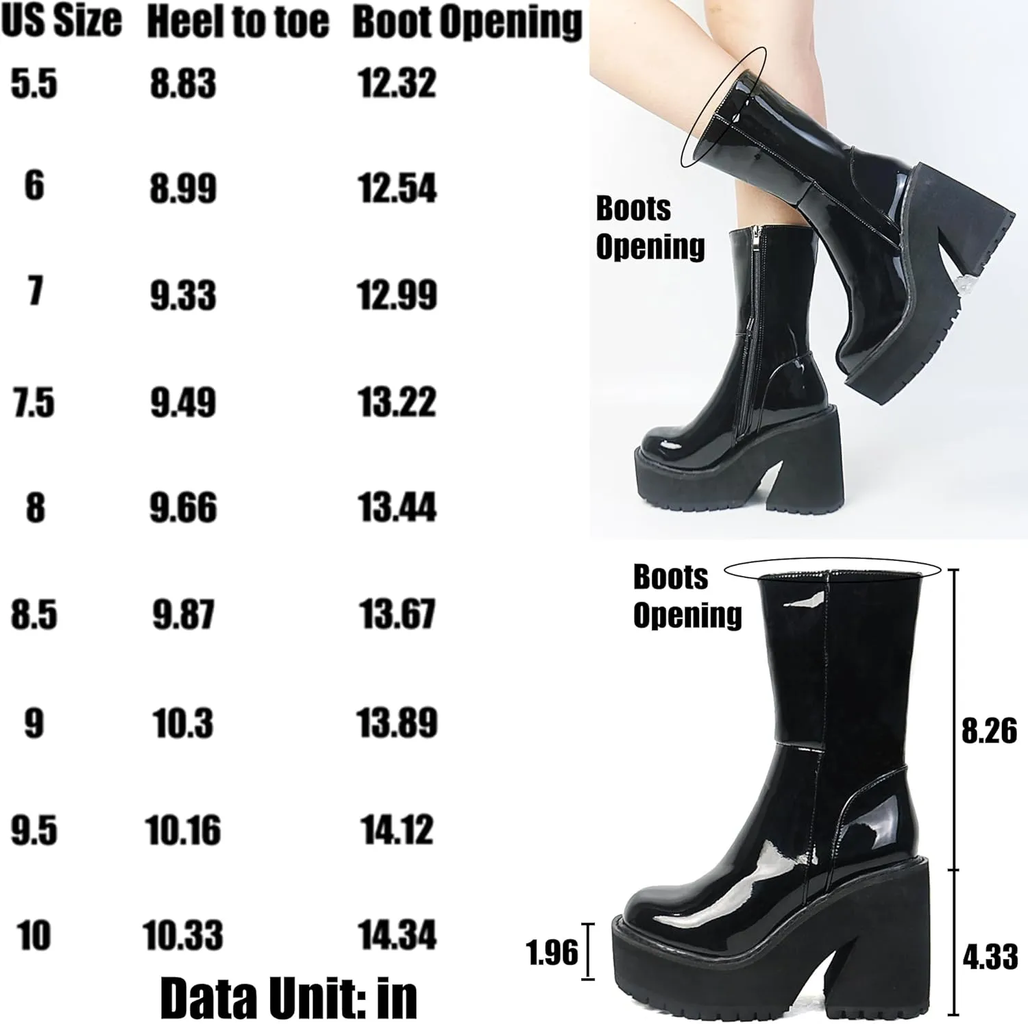 AMINUGAL Womens Wedge Heel Ankle Boots Platform Zipper Punk Motorcycle Booties Chunky Block High Heel Round Toe Fashion Work Combat Boots Mid Calf For Women