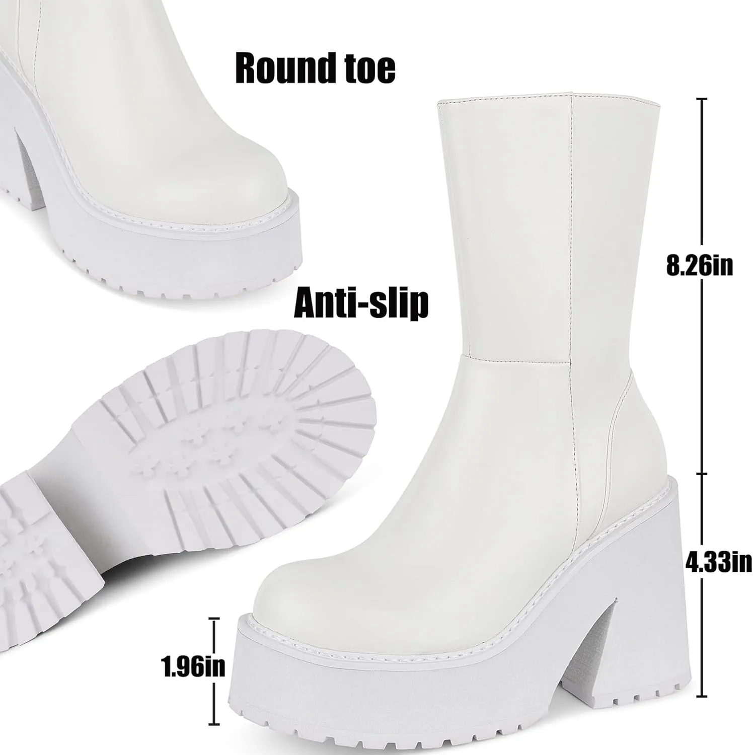 AMINUGAL Womens Wedge Heel Ankle Boots Platform Zipper Punk Motorcycle Booties Chunky Block High Heel Round Toe Fashion Work Combat Boots Mid Calf For Women