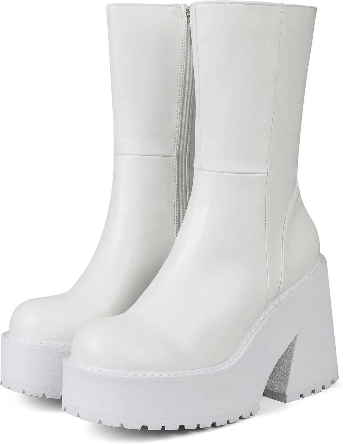 AMINUGAL Womens Wedge Heel Ankle Boots Platform Zipper Punk Motorcycle Booties Chunky Block High Heel Round Toe Fashion Work Combat Boots Mid Calf For Women