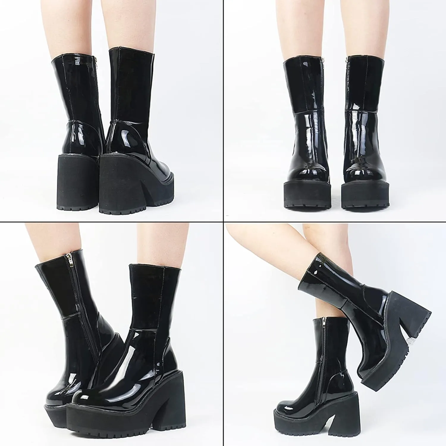 AMINUGAL Womens Wedge Heel Ankle Boots Platform Zipper Punk Motorcycle Booties Chunky Block High Heel Round Toe Fashion Work Combat Boots Mid Calf For Women