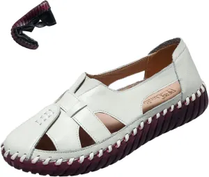 AngryMonkey Women's Casual Slip On Loafers,Comfort Closed Toe Hand-stitching Woven Cutout Leather Oxford Softsole Walking Sandals