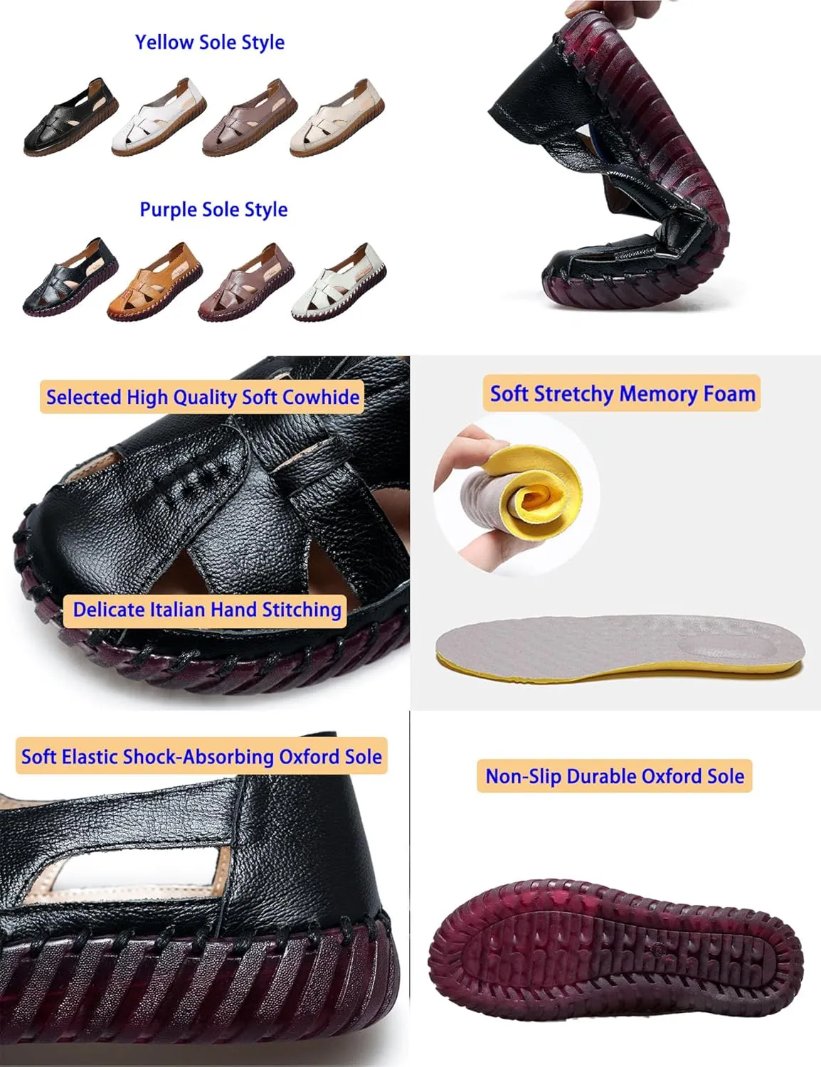AngryMonkey Women's Casual Slip On Loafers,Comfort Closed Toe Hand-stitching Woven Cutout Leather Oxford Softsole Walking Sandals