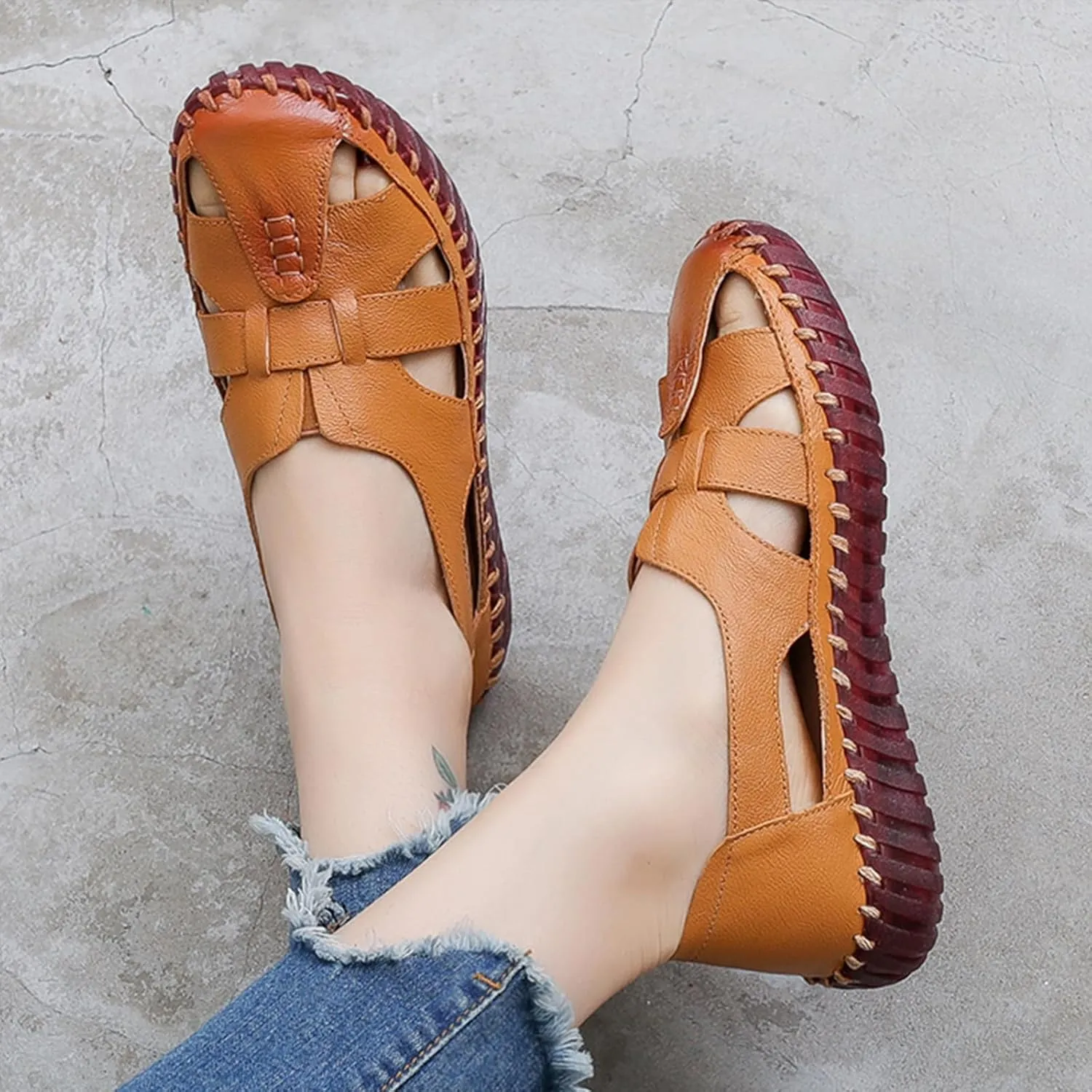 AngryMonkey Women's Casual Slip On Loafers,Comfort Closed Toe Hand-stitching Woven Cutout Leather Oxford Softsole Walking Sandals
