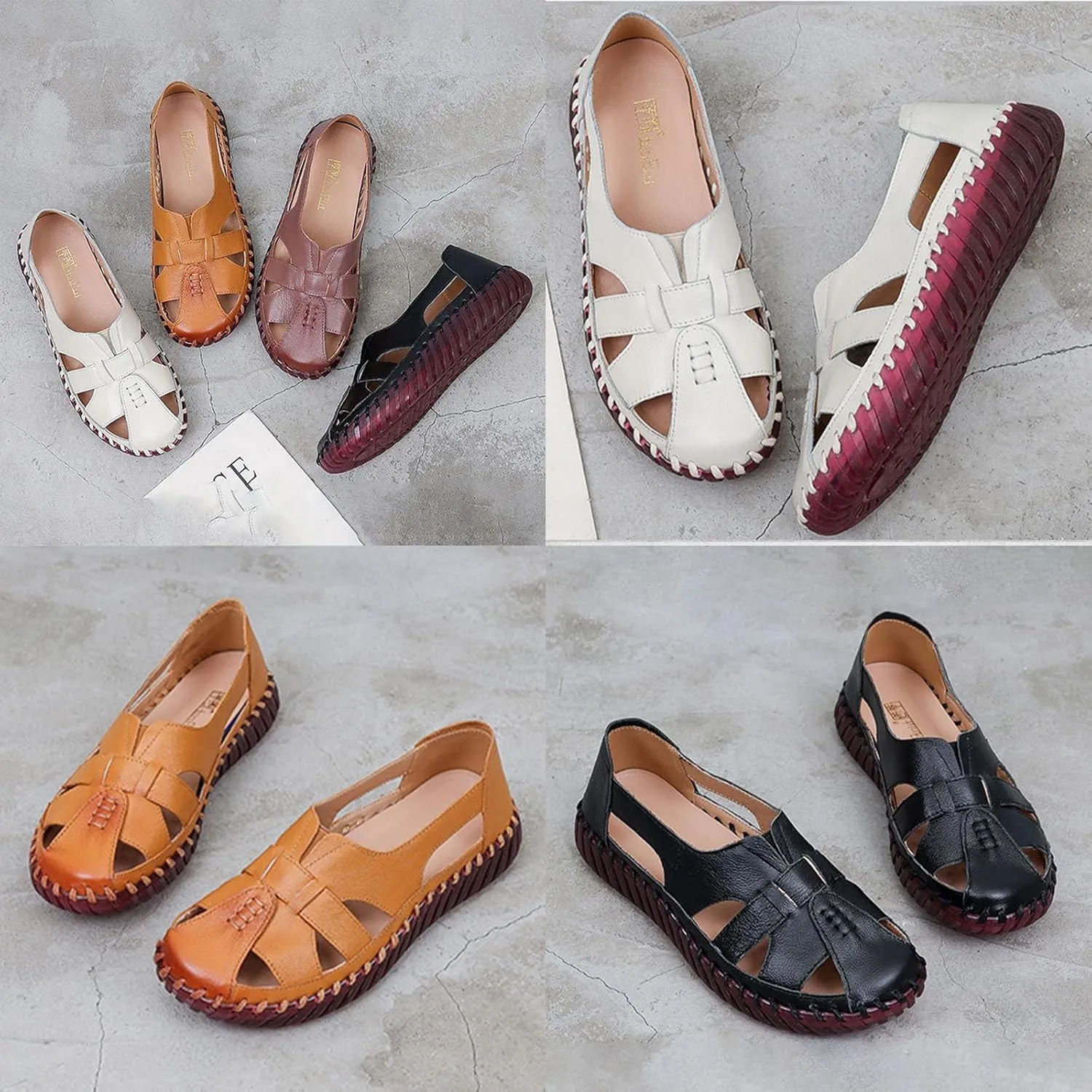 AngryMonkey Women's Casual Slip On Loafers,Comfort Closed Toe Hand-stitching Woven Cutout Leather Oxford Softsole Walking Sandals