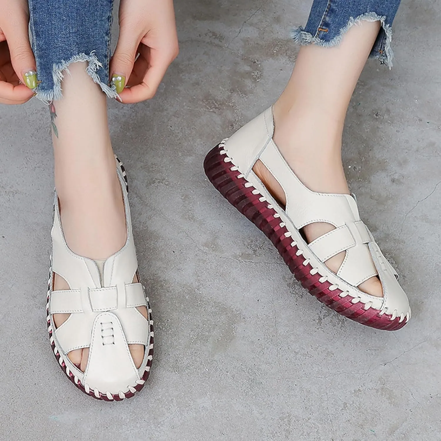 AngryMonkey Women's Casual Slip On Loafers,Comfort Closed Toe Hand-stitching Woven Cutout Leather Oxford Softsole Walking Sandals