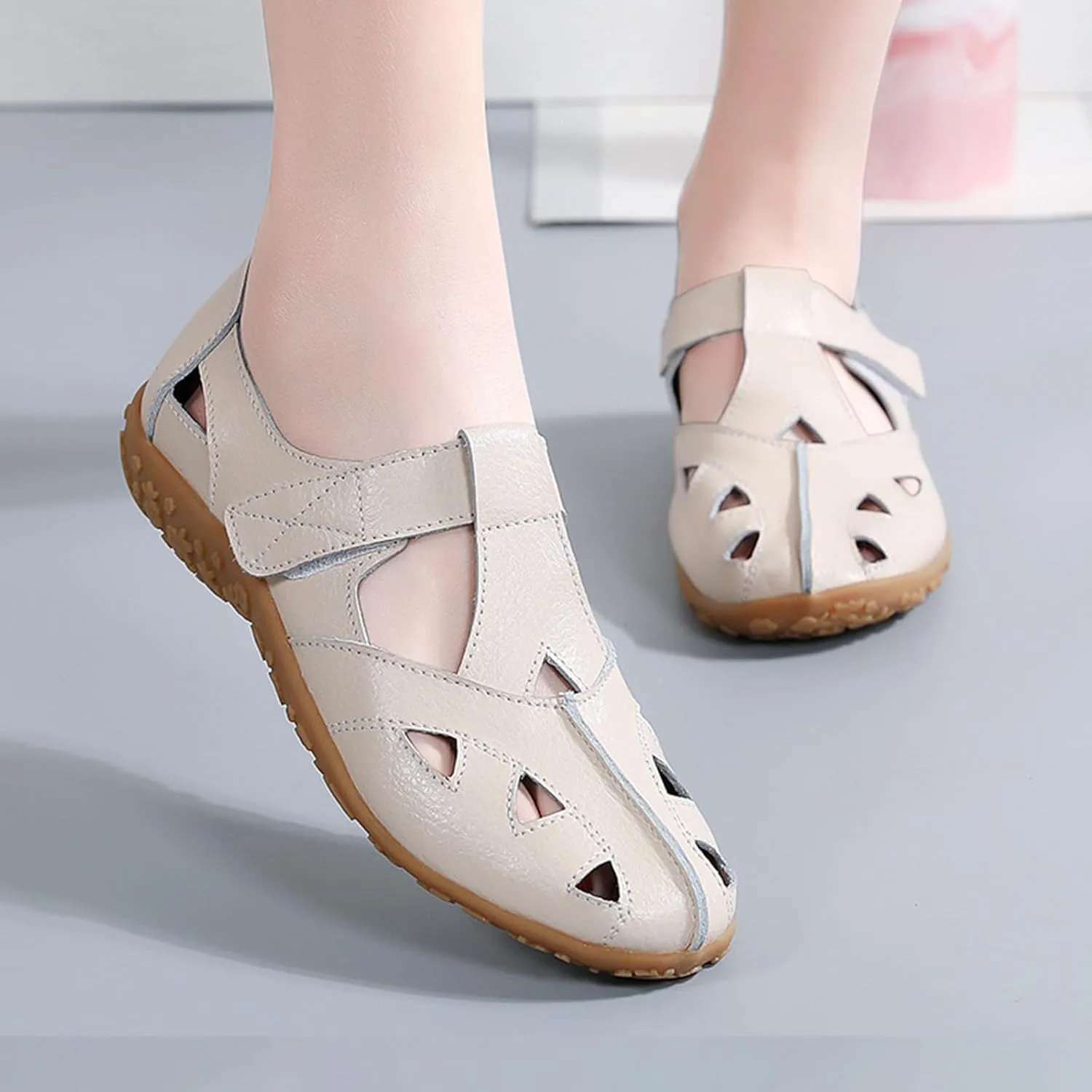 AngryMonkey Women's Leather Boho Gladiator Sandals,Comfort Softsole Closed Toe Adjustable Ankle Strap Casual Hollow Beach Shoes