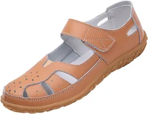 AngryMonkey Women's Summer Casual Flat Leather Sandals,Comfort Closed Toe Orthopedic Softsole Hook Loop Beach Mary Jane Shoes