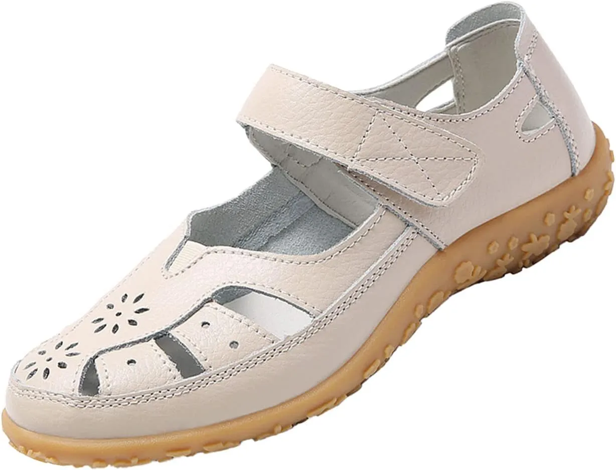 AngryMonkey Women's Summer Casual Flat Leather Sandals,Comfort Closed Toe Orthopedic Softsole Hook Loop Beach Mary Jane Shoes