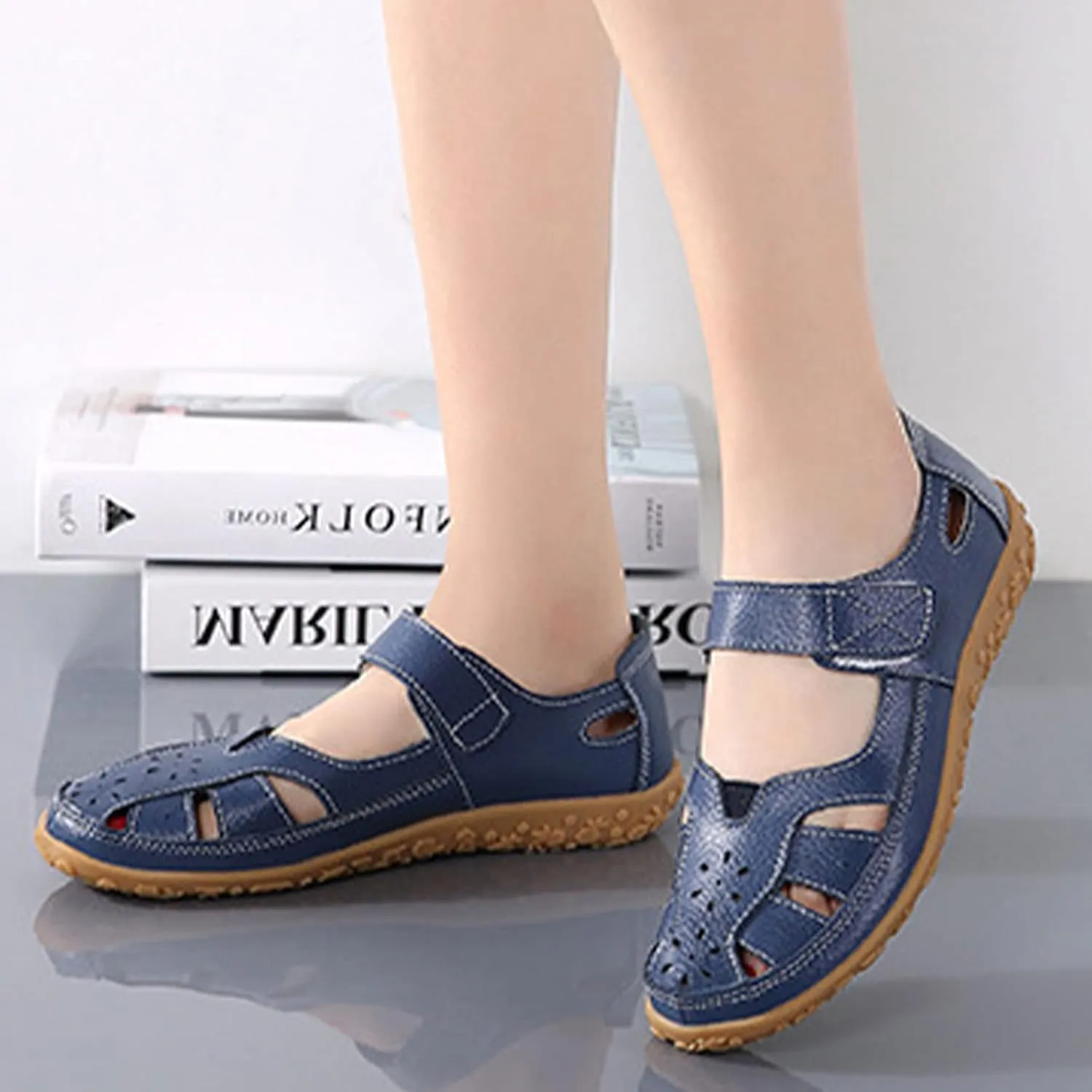 AngryMonkey Women's Summer Casual Flat Leather Sandals,Comfort Closed Toe Orthopedic Softsole Hook Loop Beach Mary Jane Shoes
