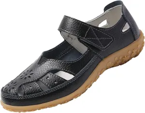 AngryMonkey Women's Summer Casual Flat Leather Sandals,Comfort Closed Toe Orthopedic Softsole Hook Loop Beach Mary Jane Shoes