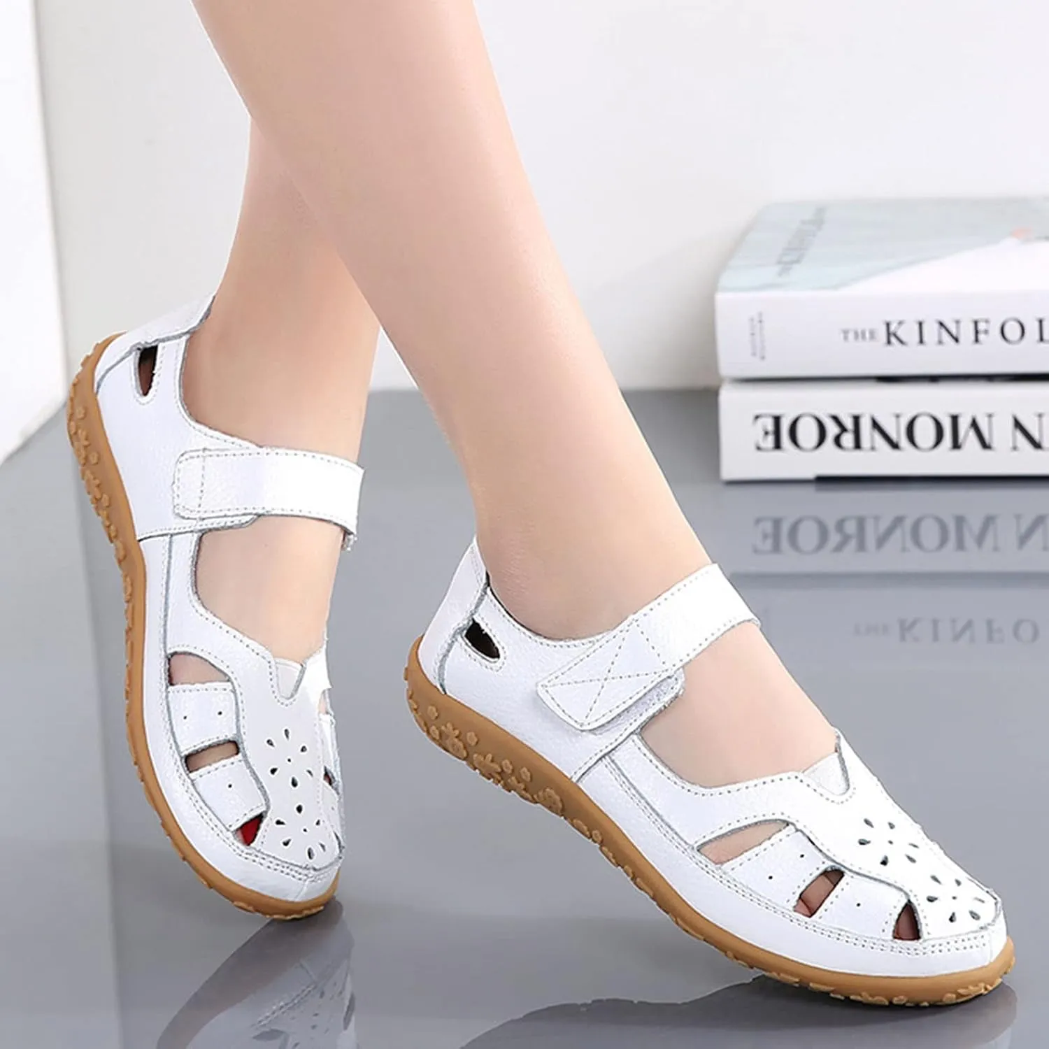 AngryMonkey Women's Summer Casual Flat Leather Sandals,Comfort Closed Toe Orthopedic Softsole Hook Loop Beach Mary Jane Shoes