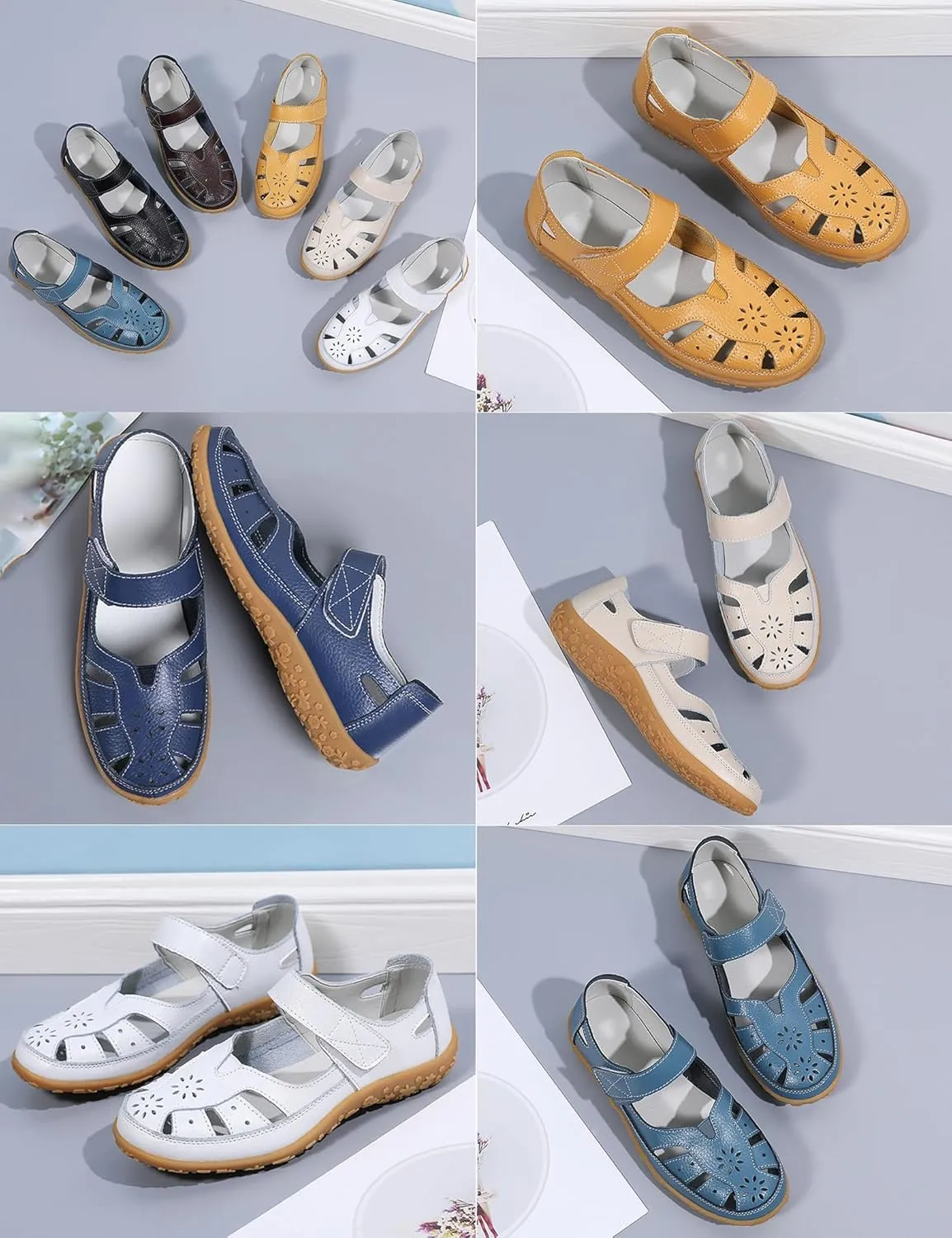 AngryMonkey Women's Summer Casual Flat Leather Sandals,Comfort Closed Toe Orthopedic Softsole Hook Loop Beach Mary Jane Shoes